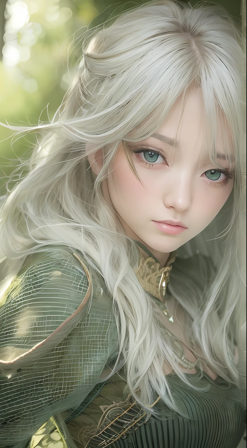 ((Realistic lighting, best qualtiy, 8k, tmasterpiece:1.3)), sharp fokus:1.2, 1girl, Beautiful Women with Perfect Figure:1.4, Slim abs:1.1, ((white color hair)), (Green dress:1.4）,（exteriors，volcanoes：1.1），Ultra-fine face，Fine eyes，二重まぶた，green-eyed