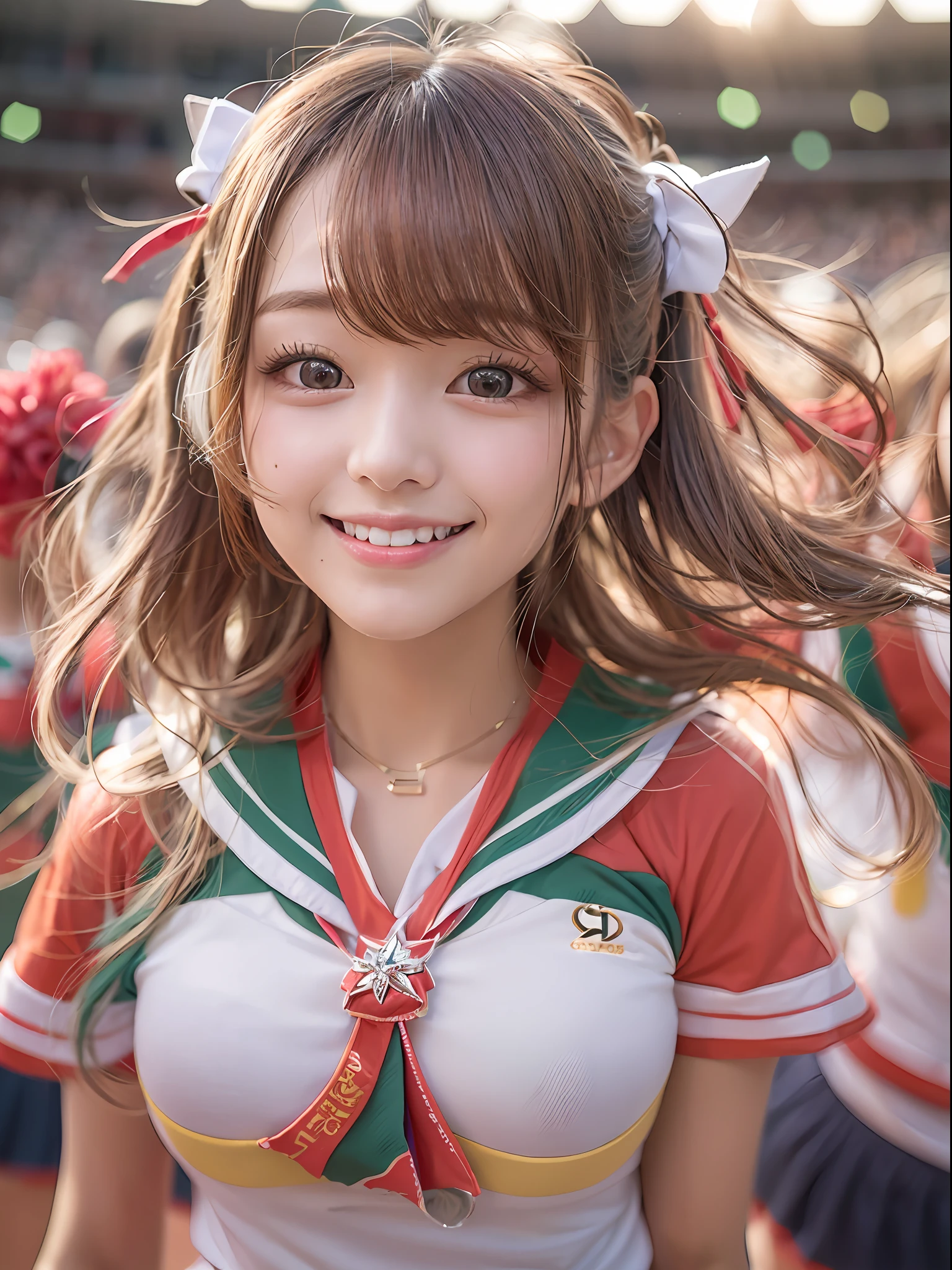 Alafed Asian cheerleaders posing dynamically with pom-poms in stadium:1 person:there is nobody else、a closeup、cosplay foto、Anime Cosplay、large full breasts、Raw photography, top-quality, hight resolution, (masterpiece), (Photorealsitic:1.4), professional photograpy, foco nítido, nffsw, 8K分辨率, intricate detailes, depth of fields, the Extremely Detailed CG Unity 8K Wallpapers, front lit, femele, girl with, beautiful supermodel, A smile、A slender、Small Cheer Uniform、Sailor suit style