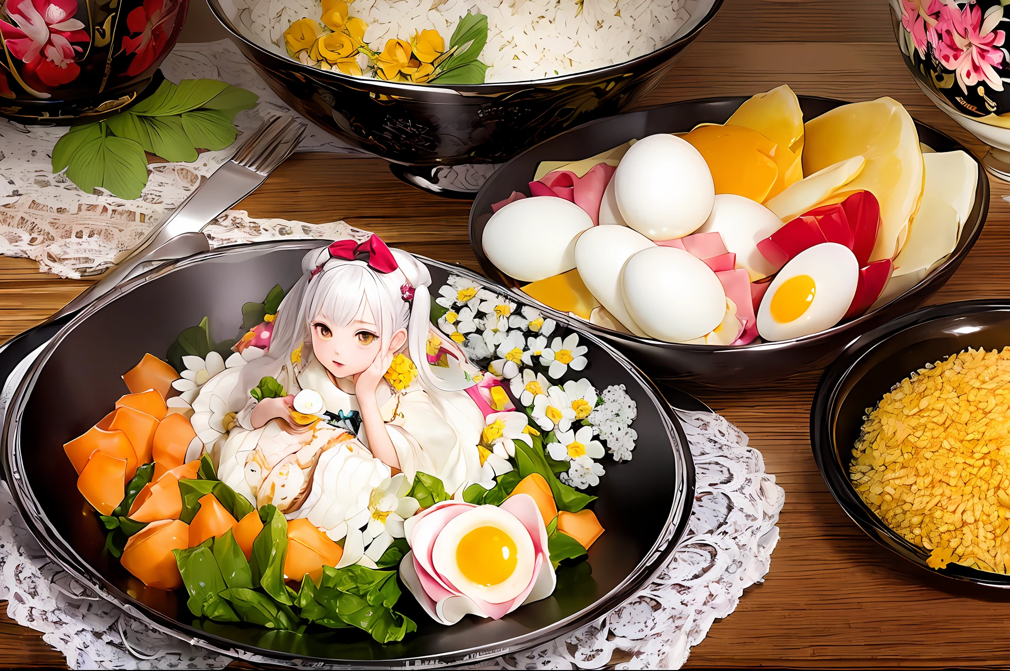 (masterpiece, top quality, best quality, official art, beautiful and aesthetic:1.2),
1girl, japanese clothes, solo, white hair, food, egg, yellow eyes, in container, bowl, eating, flower, chibi, gloves, rice, in food,
extremely detailed,colorful, (dynamic pose),