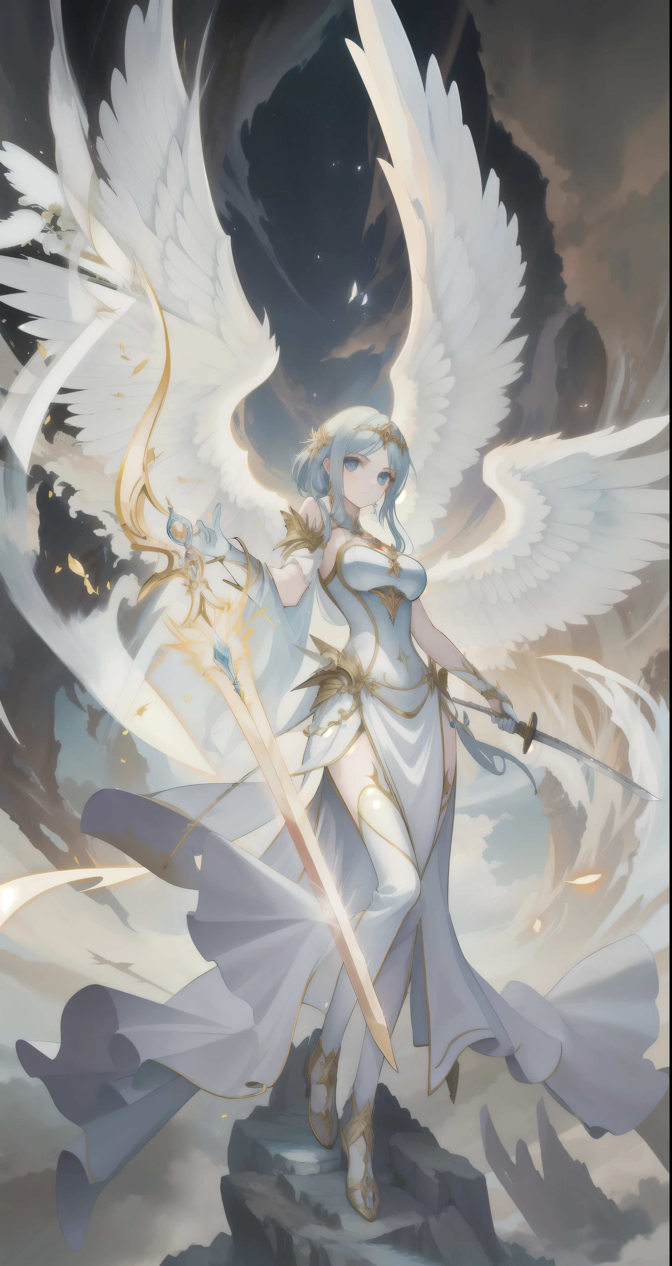 Stylistic image of a woman with wings and a sword, Kushatt Krenz Key Art Women, Goddess of Light, angelic purity, tall female angel, angel themed