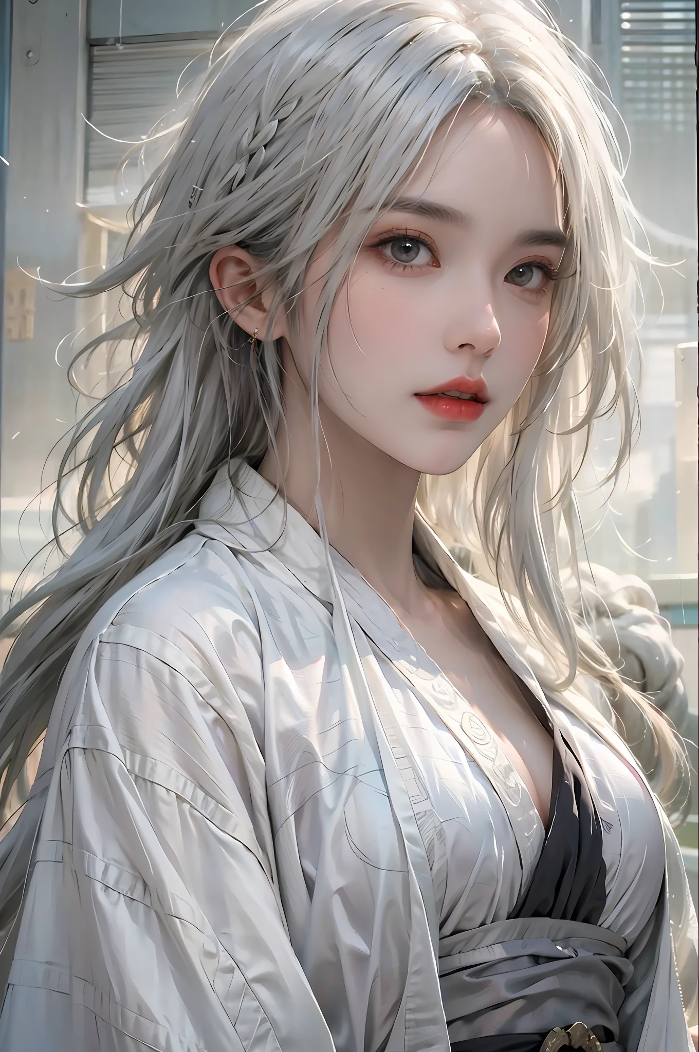 photorealistic, high resolution, 1women, solo, hips up, look at viewer, (detailed face), white hair, long hair, Taoist robe,oversized clothes, midjourney portrait