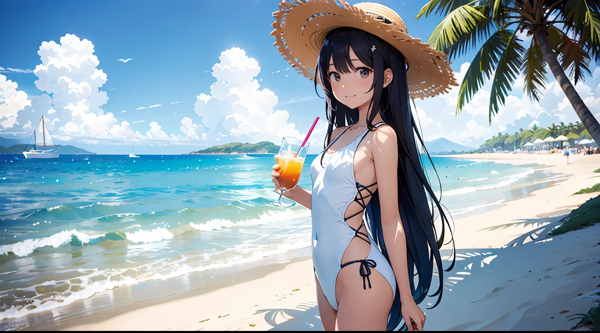 (masterpiece、top-quality)perfect anime illustration、shores(beach)1 girl standing in、Very cute face、A big smile、shiny and long black hair、crystal clear white skin、Both feet are barefoot、Wearing a swimsuit with a lot of exposed skin、Straw hat on the head、He holds a drink in one hand and holds it out to us.、The sun is dazzling、The place is on the edge of the waves by the seaside where you can swim、The time is noon、A refreshing breeze is blowing、There are other sparse people、So that the whole body goes into the illustration