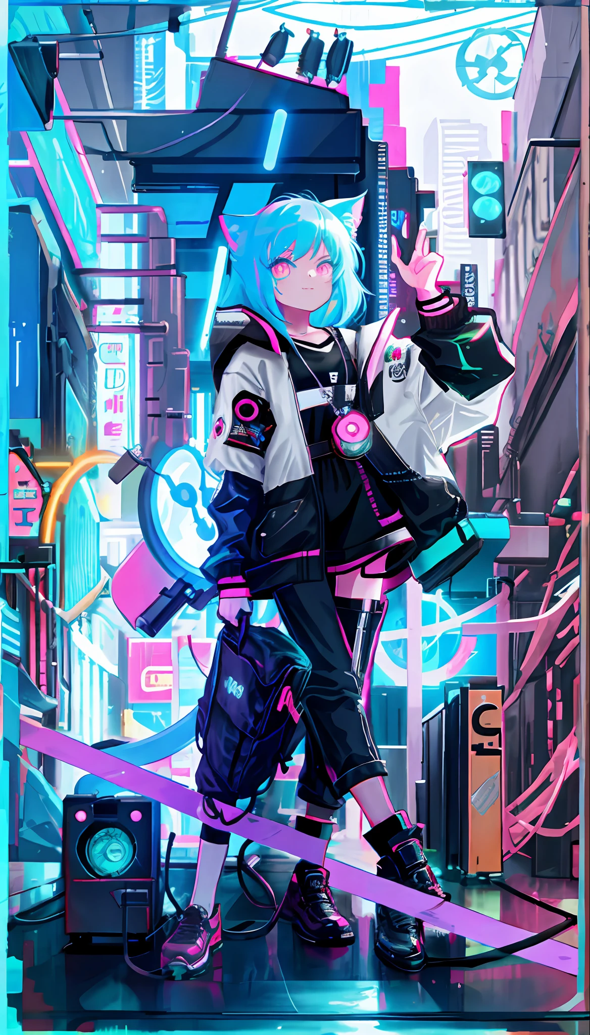 A street with neon signs,Handsome cat lady game style,Sci-fi cyberpunk vibe,Hollow city magic,Small smart devices carry weapons。