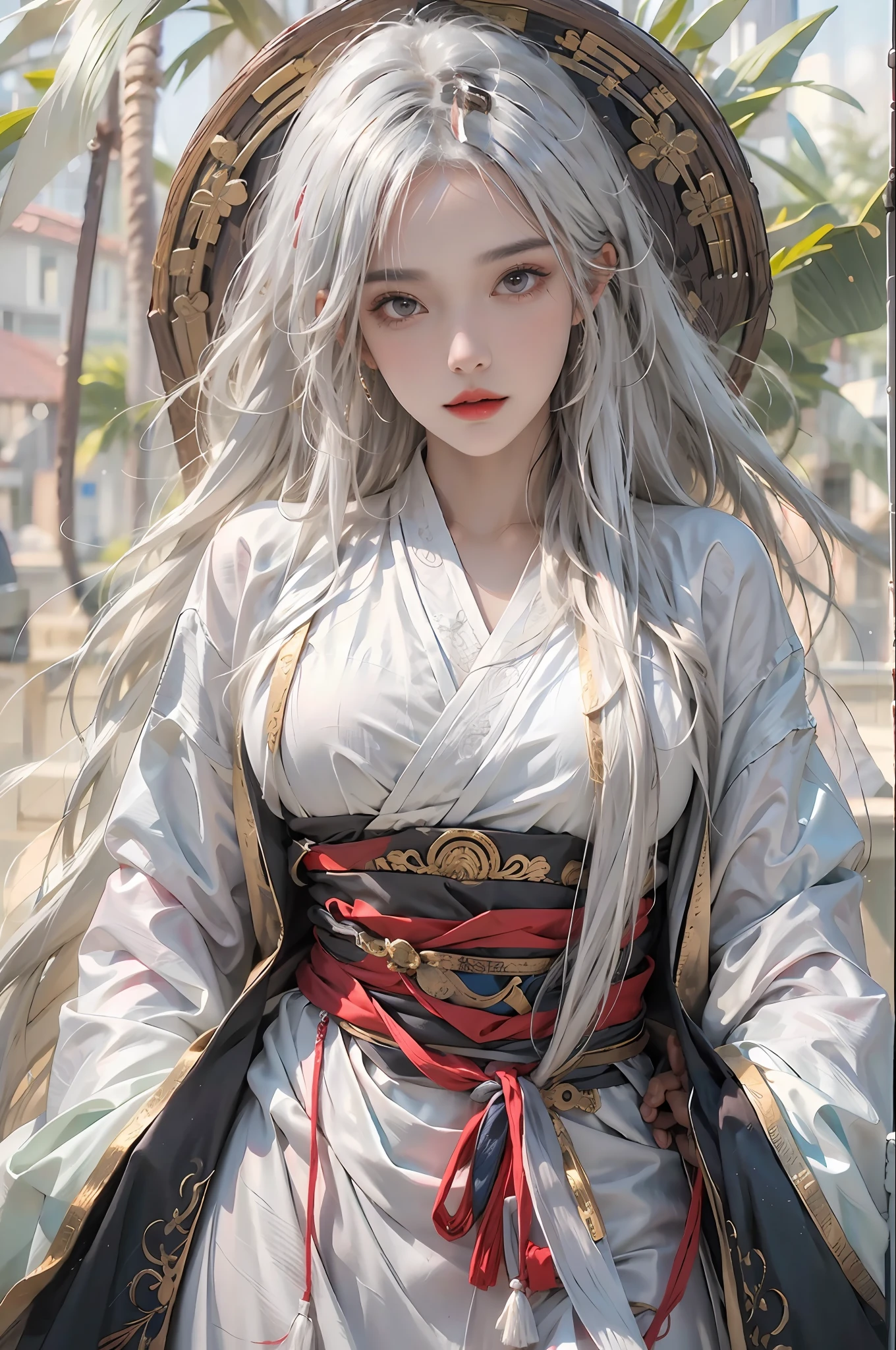 photorealistic, high resolution, 1women, solo, hips up, look at viewer, (detailed face), white hair, long hair, Taoist robe,oversized clothes, midjourney portrait