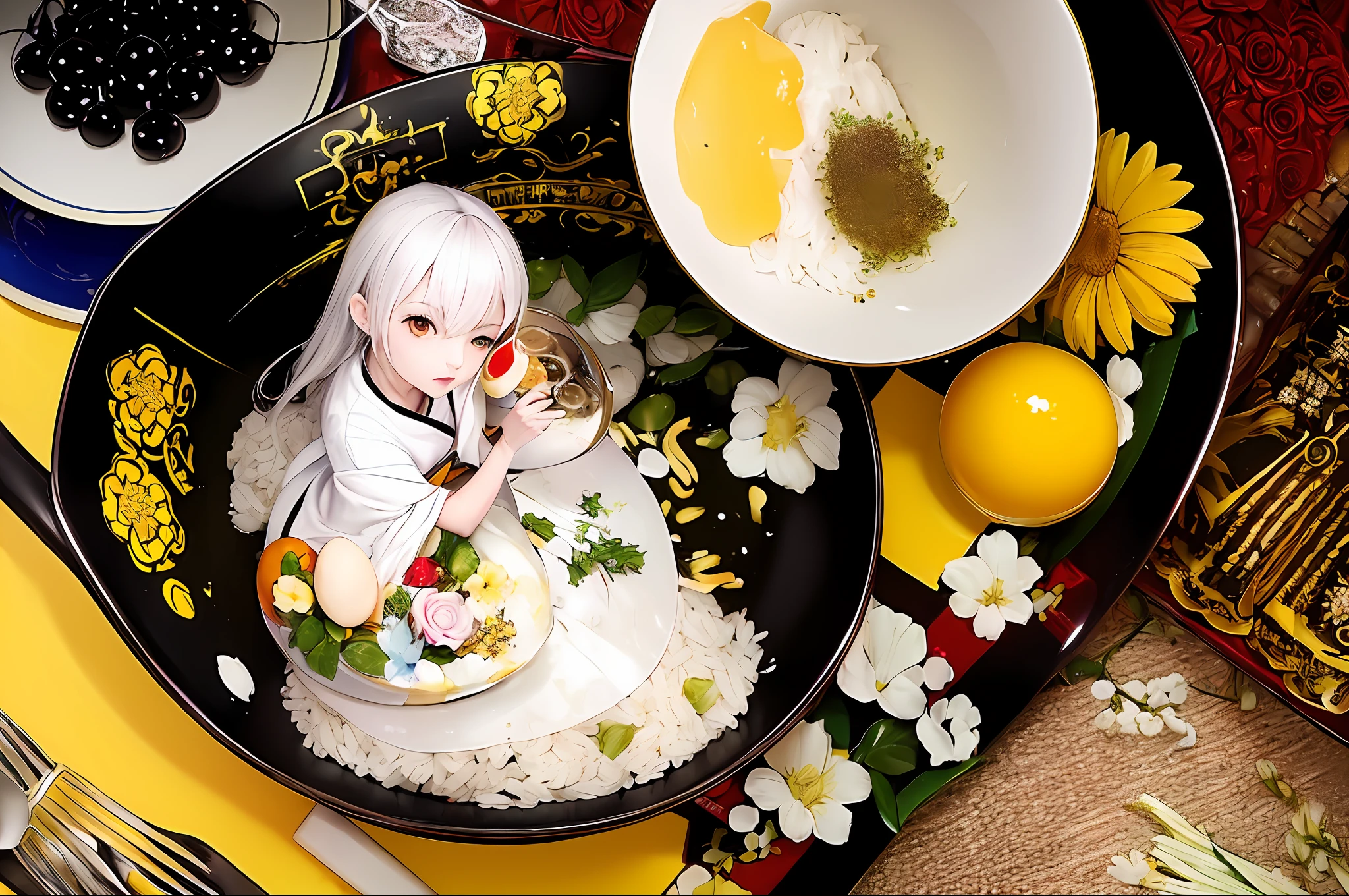 (masterpiece, top quality, best quality, official art, beautiful and aesthetic:1.2),
1girl, japanese clothes, solo, white hair, food, egg, yellow eyes, in container, bowl, eating, flower, chibi, gloves, rice, in food,
extremely detailed,colorful, (dynamic pose),