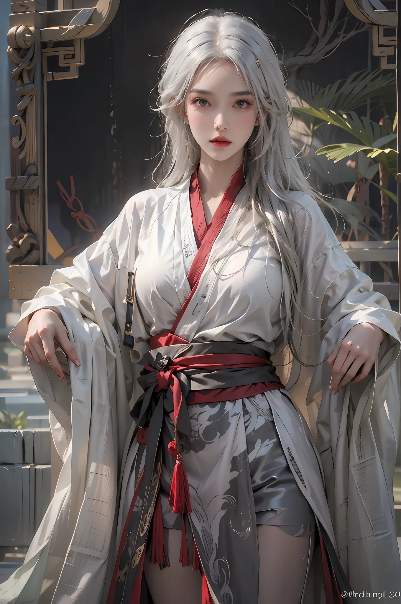 photorealistic, high resolution, 1women, solo, hips up, look at viewer, (detailed face), white hair, long hair, Taoist robe,oversized clothes, midjourney portrait