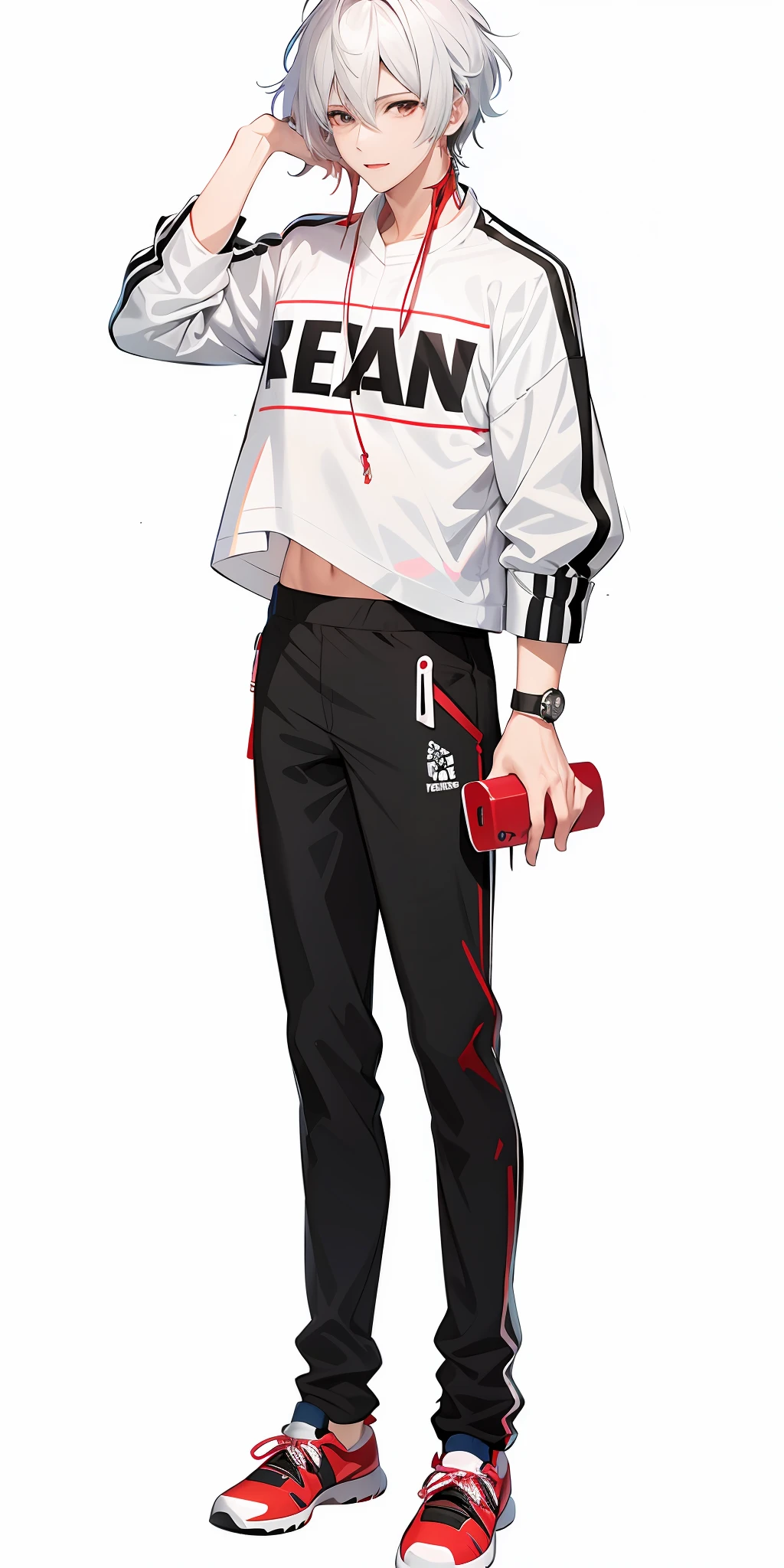 Anime boy with white hair, black pants and red shoes, anime full body illustration, Single character full body, Full body illustration, male anime character, Cai Xukun, character full body portrait, full body single character, young anime man, full body character, Handsome anime pose, !!Full body portrait!!, full-body portraits, anime style character, official character illustration