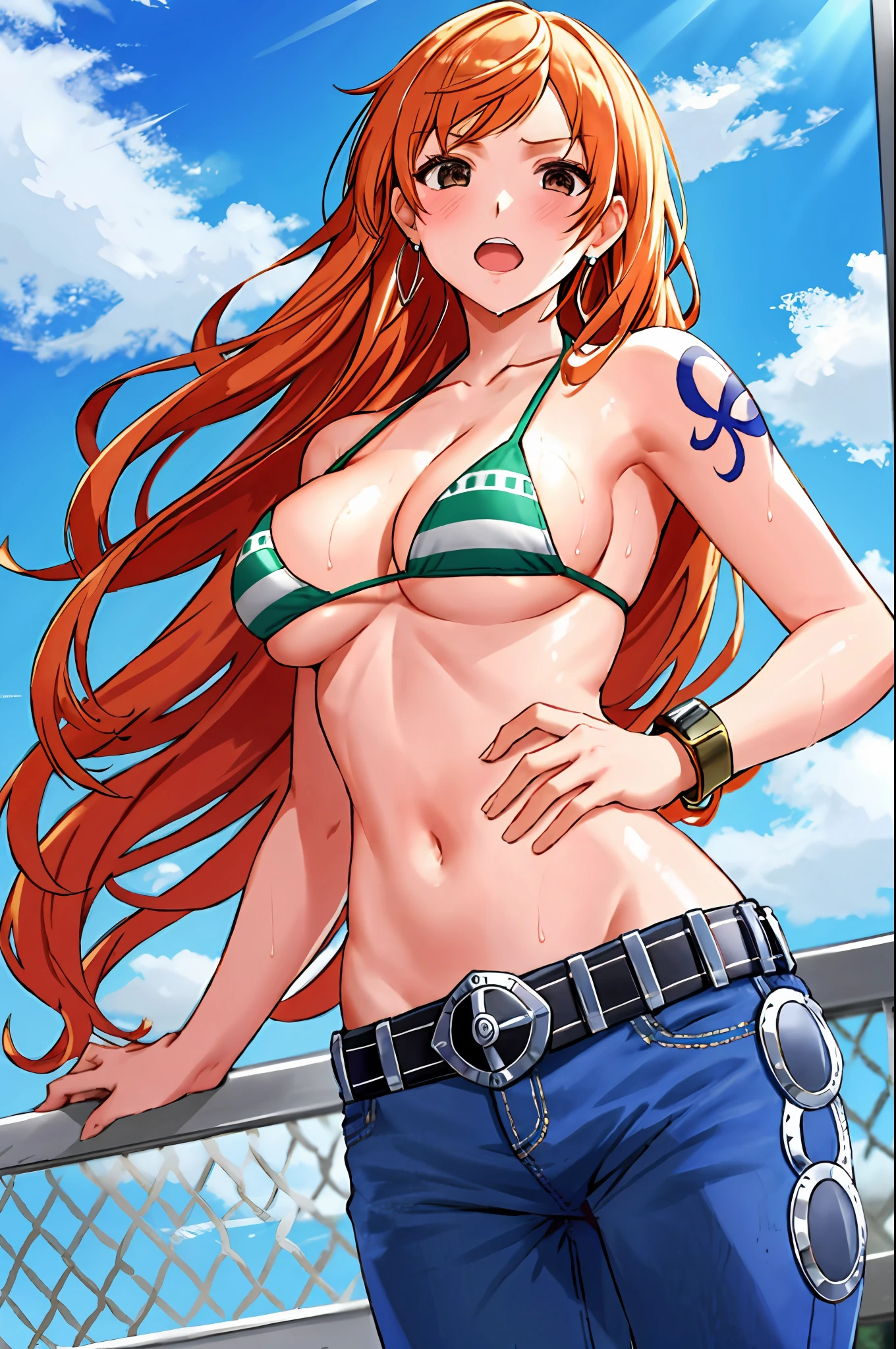 detailed background, masterpiece, 4k, epic, best quality, late youth, adult, wrestler body, wrestling, 1girl, active, energic, (large mouth) , solo, nami \(one piece\), 1girl, bangle, (very wet, yawning, drenched in sweat, sweat all over body, very wet hair, messy hair, tired, open mouth, exhausted, shouting, sweaty face, sweaty body, bruises, injury, feeling hot, sweating too much, blushing, tilting head, shiny sweat, leaning, hands on hips, serious, glaring, open eyes, looking uo, perfect detailed face, round face, sweat on face) bold drawing lines, muscular arms, detailed bold arm lines, flat jaw, adult woman, wavy wide streaked bangs, floating bang, (big cheeks), bare shoulders, off-shoulders, belt, bikini, bikini top only, blue sky, bracelet, springy breasts, breast lines, big round eyes, very big brown shiny eyes, bubbles, high eye position, cleavage, cloud, day, denim, earrings, floating hair, shiny hair, green belt, green bikini, bold groin lines, jeans, jewelry, medium breasts, log pose, long hair, looking at viewer, big navel, wet hair, orange hair, pants, shoulder tattoo, sidelocks, sky, solo, standing, stomach, swimsuit, tattoo , looking at viewer, open mouth, detailed left arm, big forehead, hourglass figure, small head, toned body, wide hair, wind effect, sun effect, under the sun, narrow small ears angle, older, random poses,