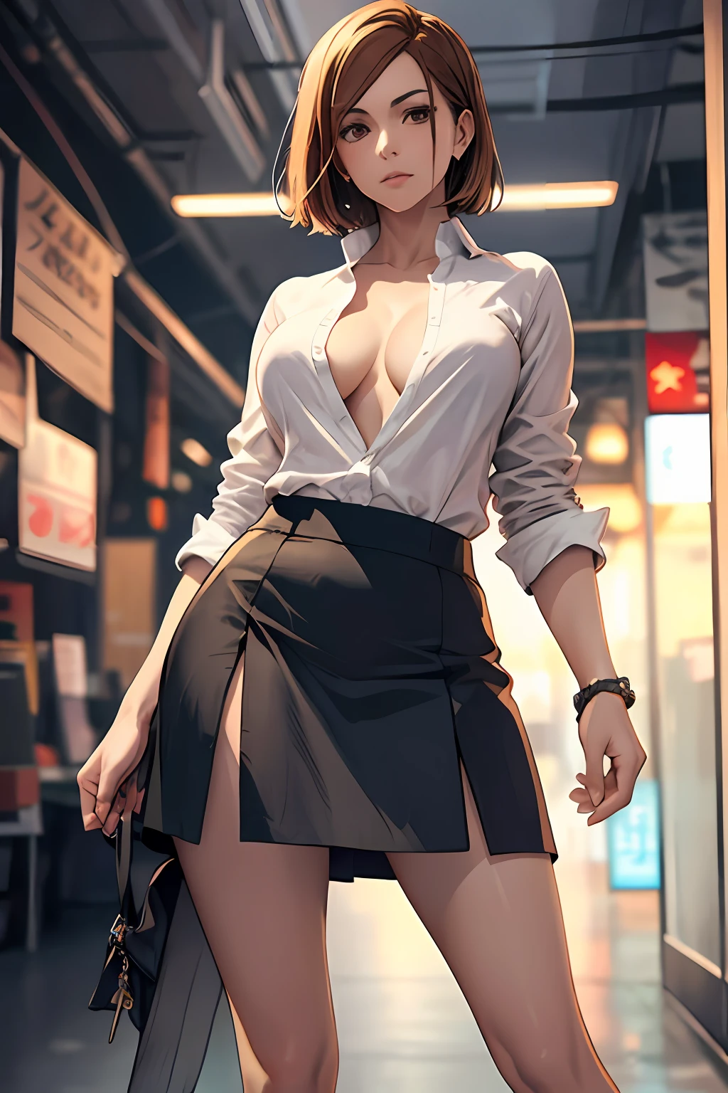 1girl, cowboy shot, beautiful Nobara, white shirt, unbuttoned, black skirt, office, volumetric lighting, best quality, masterpiece, intricate details, tonemapping, sharp focus, hyper detailed, trending on Artstation,full body