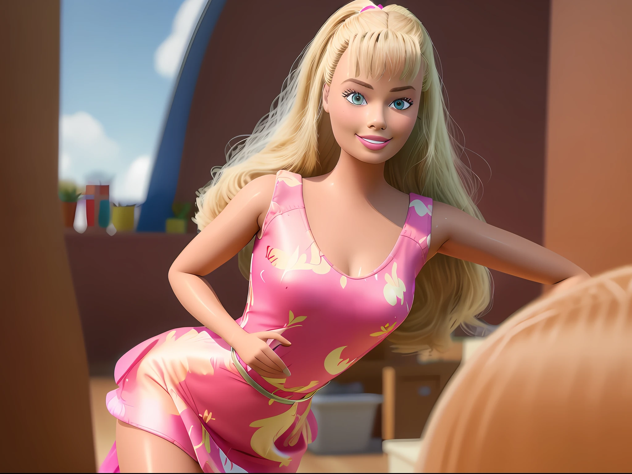 (masterpiece, best quality), highres, (8k, RAW photo, highest quality), (Margot Robbie como Barbie), (Margot Robbie face:1.2), Margot Robbie, (blonde hair) , ultra-realistic, 3d, centered, (TS_Barbie), mid shot, (full body:1.2), a cartoon girl in PINK dress in the style of pixar, (perfect lighting and composition:1),soft lighting, (high detail, 8K resolution:1), hdr:0.7, detailed face, perfect, (dynamic), pose, (high quality:1.2), plastic skin, ((shiny:1.3)), smile, (depth of field:0.8), 50mm, film grain:0.7, fujifilmXT3, focus face, (sad:1.2), looking at viewer, detailed eyes, detailed face, floating particles, beautiful, light makeup, lipstick, (thick waist and thighs:0.6), amazing composition