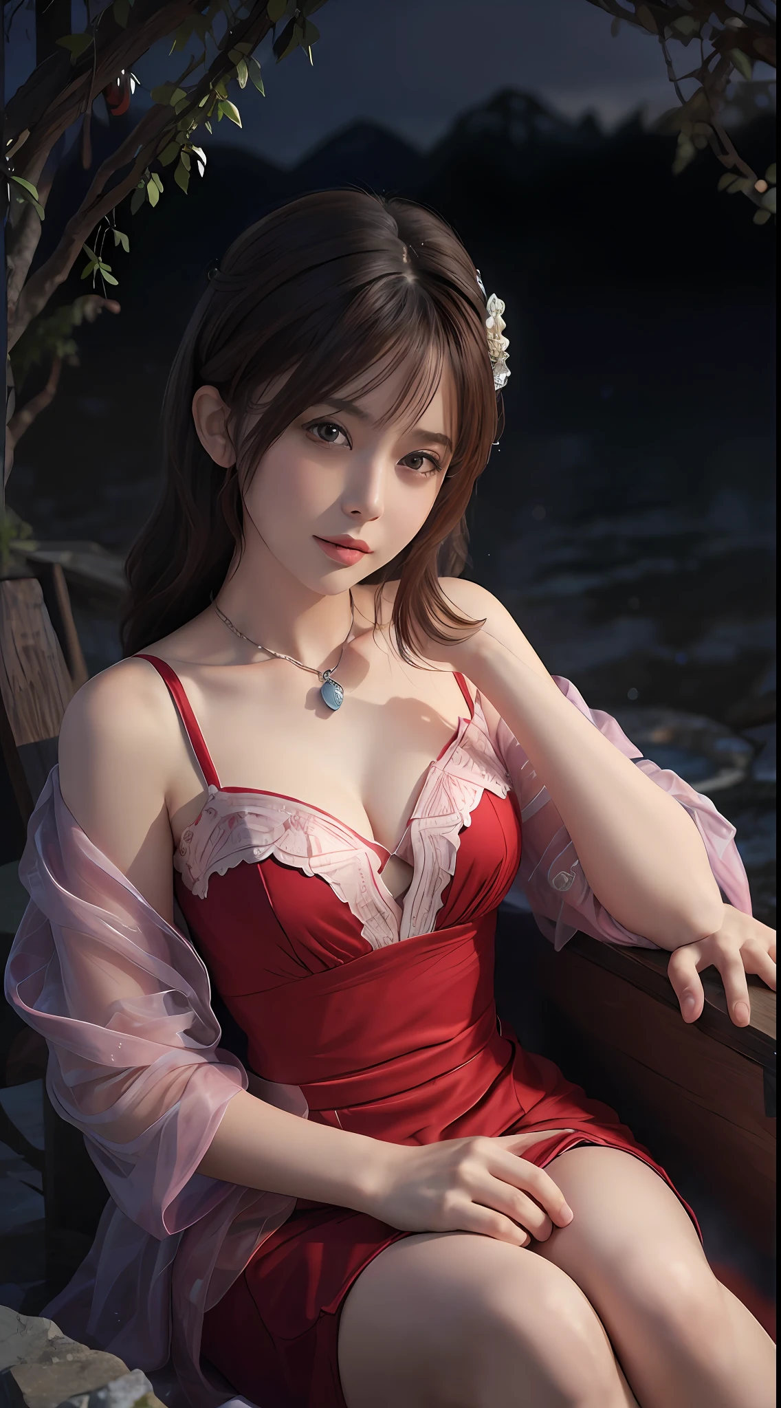 8K ultra hd, masterpiece, a girl, beautiful face, detailed eyes, detailed lip, very long hai, robe dress, red sexy robe dress, high light, sunny weather, blur effect, sitting on the water,