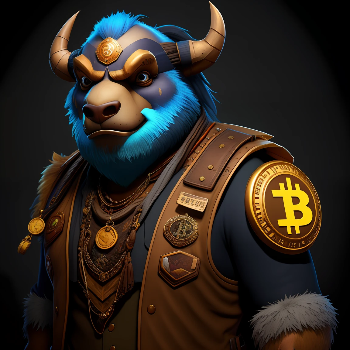 Alistar buffalo character league of legends wearing a vest hugging bitcoin light background,(creature:0.5)|(tiger:0.5) design, ultra detailed, random colors, steampunk, and punk costume, 8k