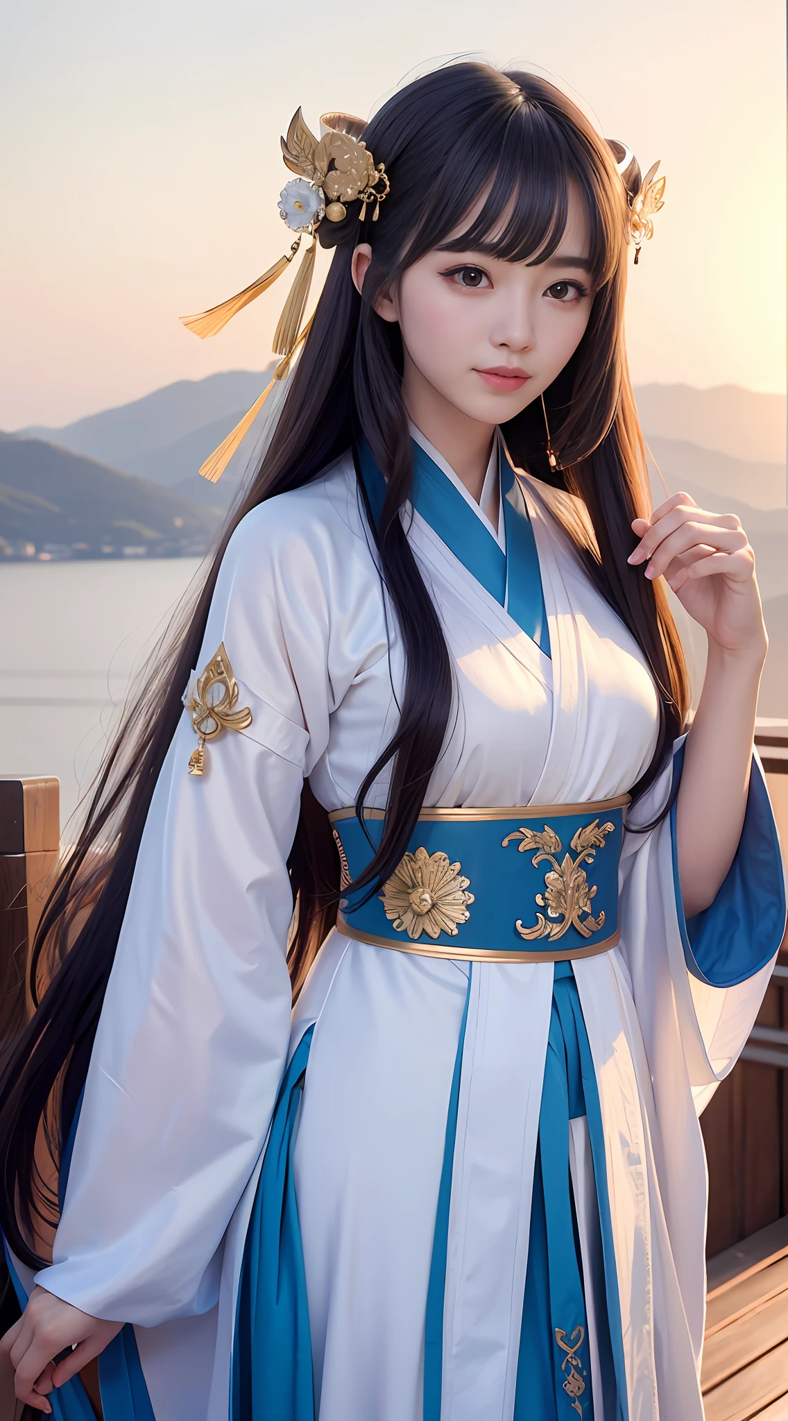 close up on face， Ultra-fine face，femele， China-style， Ancient wind，Hanfu， long whitr hair， delicated， ellegance， opulent， ellegance， ssmile， Ribbons，cinmatic lighting，  hyper HD， A high resolution， best qualtiy， 4K， high detal， high qulity， super detailing， anatomy correct， tmasterpiece， ccurate，mountain water