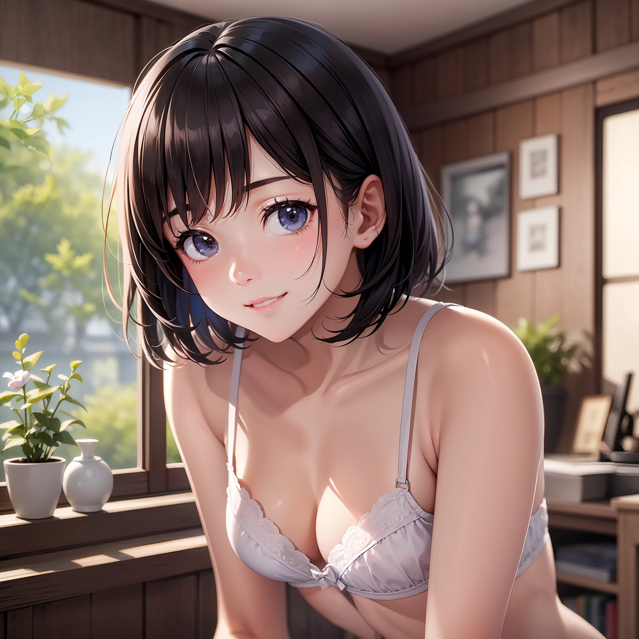 With the best image quality、age girl standing in room。In high resolution、Beautiful fine details、tranquil atmosphere。Black Hair Bob Hair、Cute smile.。(tiny chest)、Cute white bra、Wearing cute white panties。