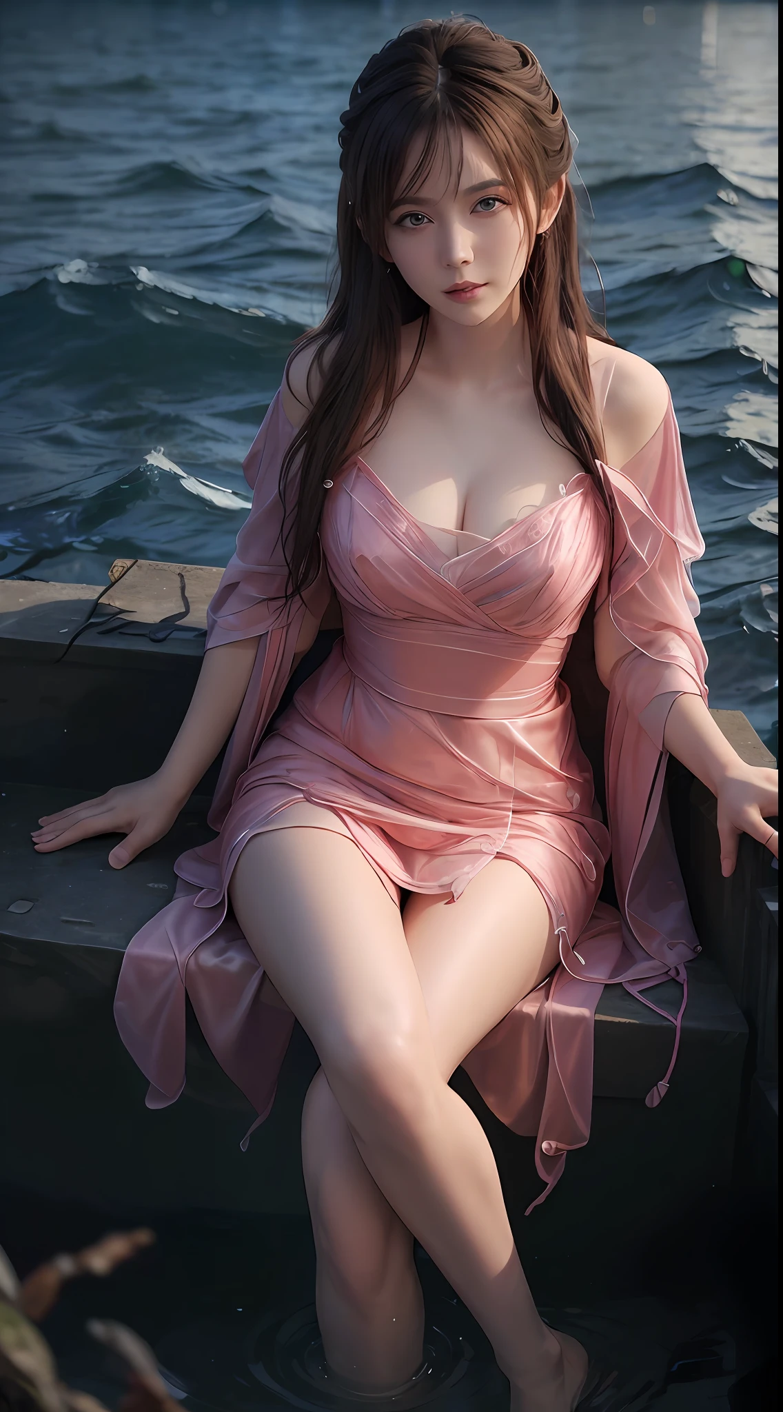 8K ultra hd, masterpiece, a girl, beautiful face, detailed eyes, detailed lip, very long hai, robe dress, red sexy robe dress, transference robe, high light, sunny weather, blur effect, sitting on the water,