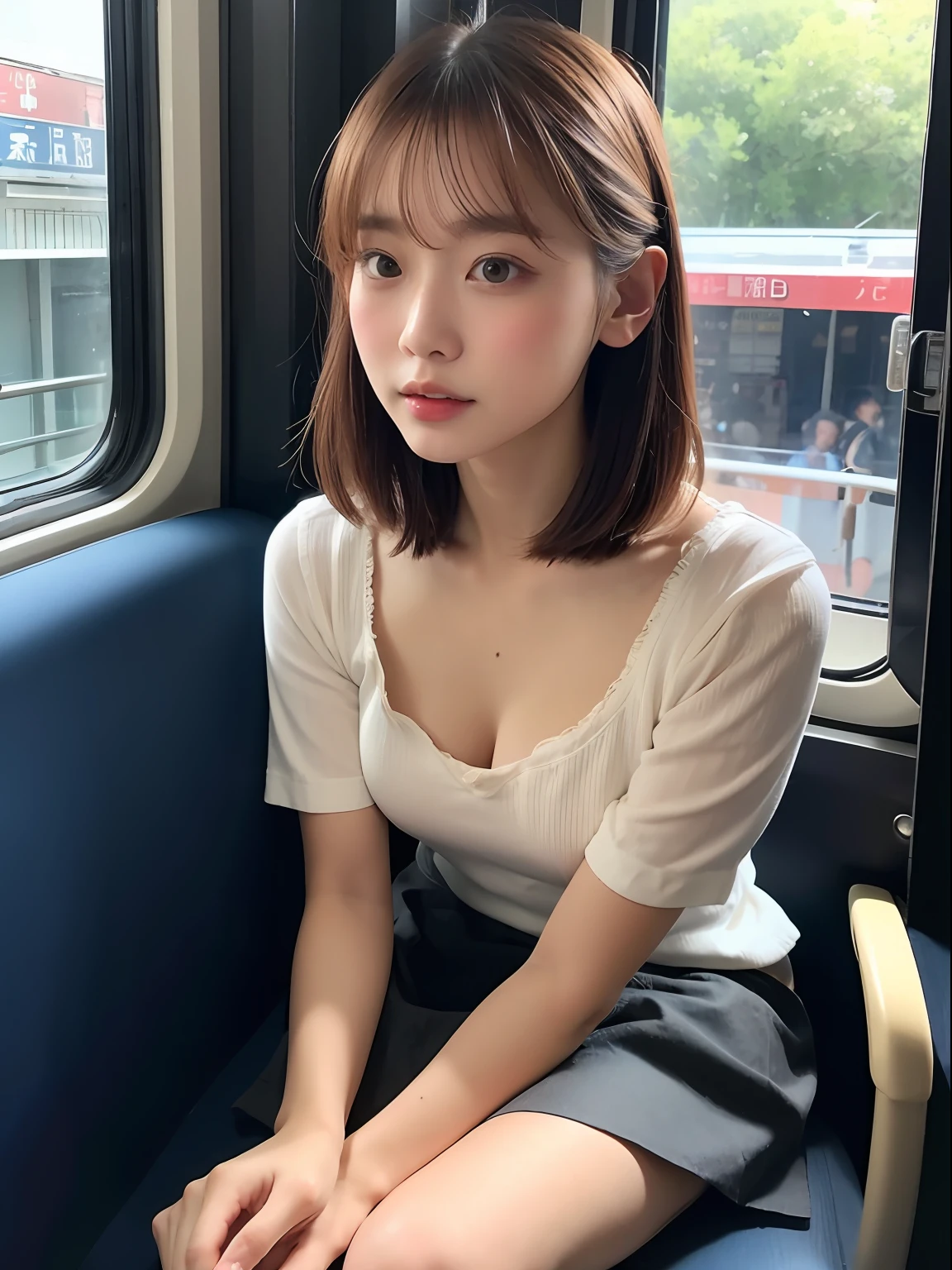 (top-quality、8K、32K、masterpiece、nffsw:1.2)、Photo of a cute Japanese woman、Very detailed 8k wallpaper、top-quality、ultra-detailliert、masterpiece、realisitic、Photo Real、extremely detailed cute girl、20yr old、(skirt rift)、((skirt lift by yourself))、Black panties、panties focus、red blush、cparted lips、looking at the viewers、wearing a shirts、Dull front、On the train、a 、no-bra、Bright lighting、White underwear、