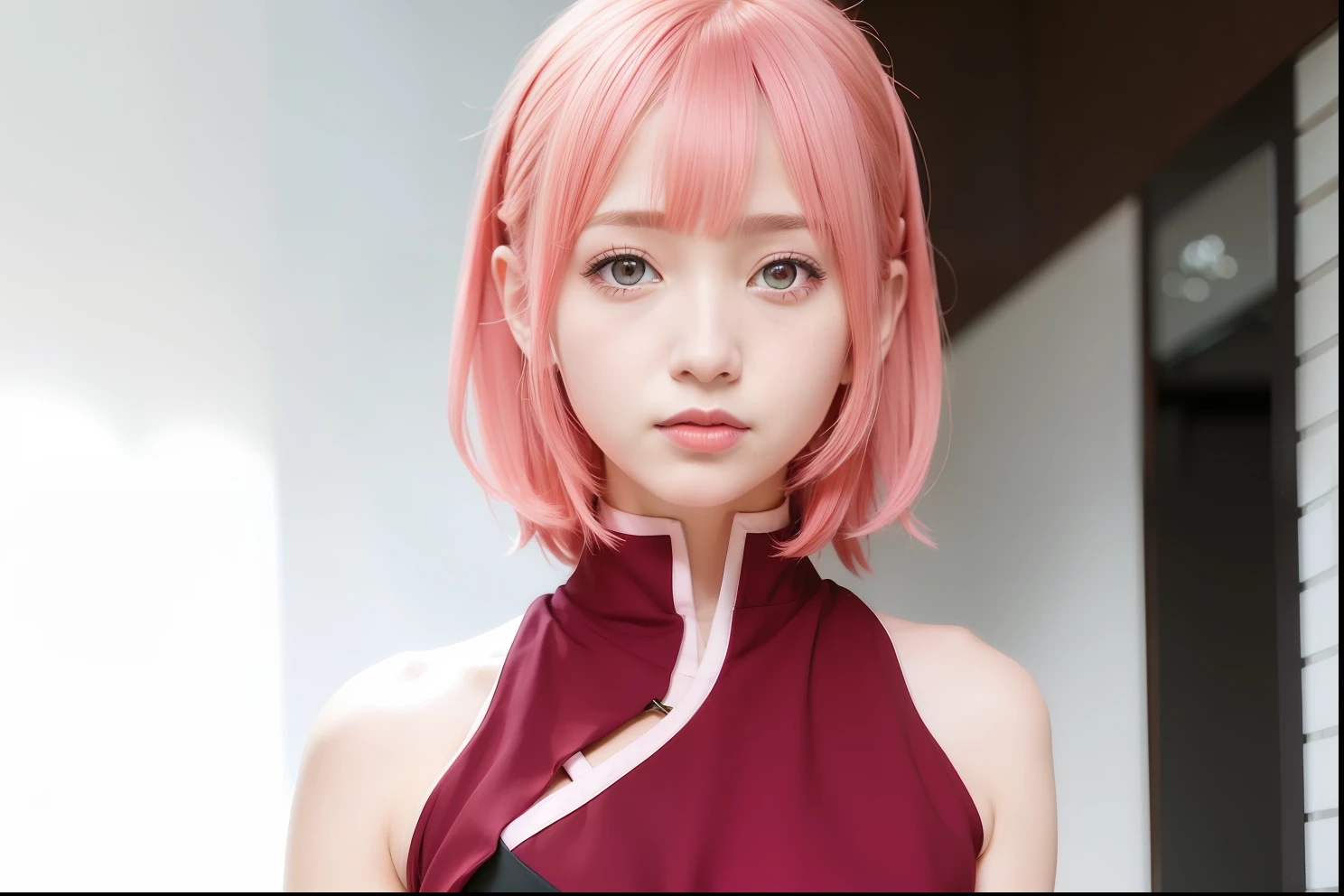 1 girl, Sakura Haruno, red dress, short hair, pink hair, realistic, ultra detail, 70mm lens