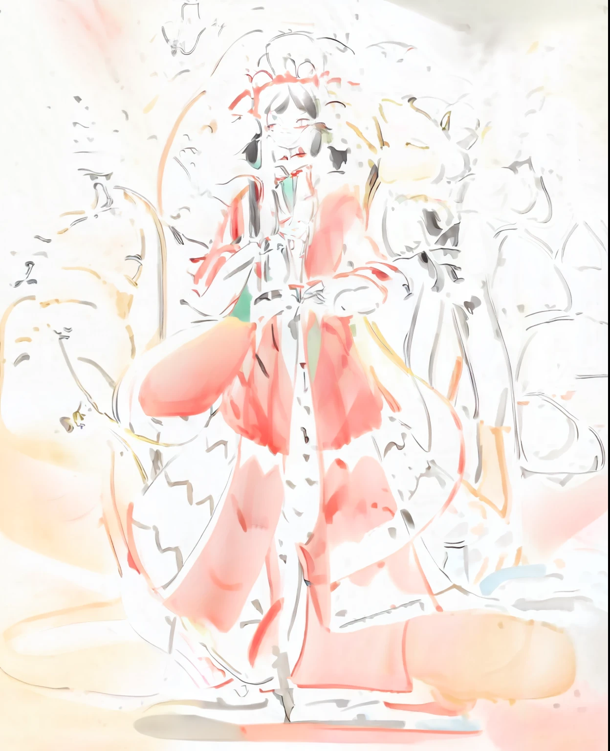 (((Line art:1.2))(Very clear clothing design:1.1))dressed in((Chinese Hanfu dress))Kinky Women，((Multi-colored clothing)), ((Mouse shoes)),((2 cats frolicking)),Hold it in your hand((Tease the cat stick))。
