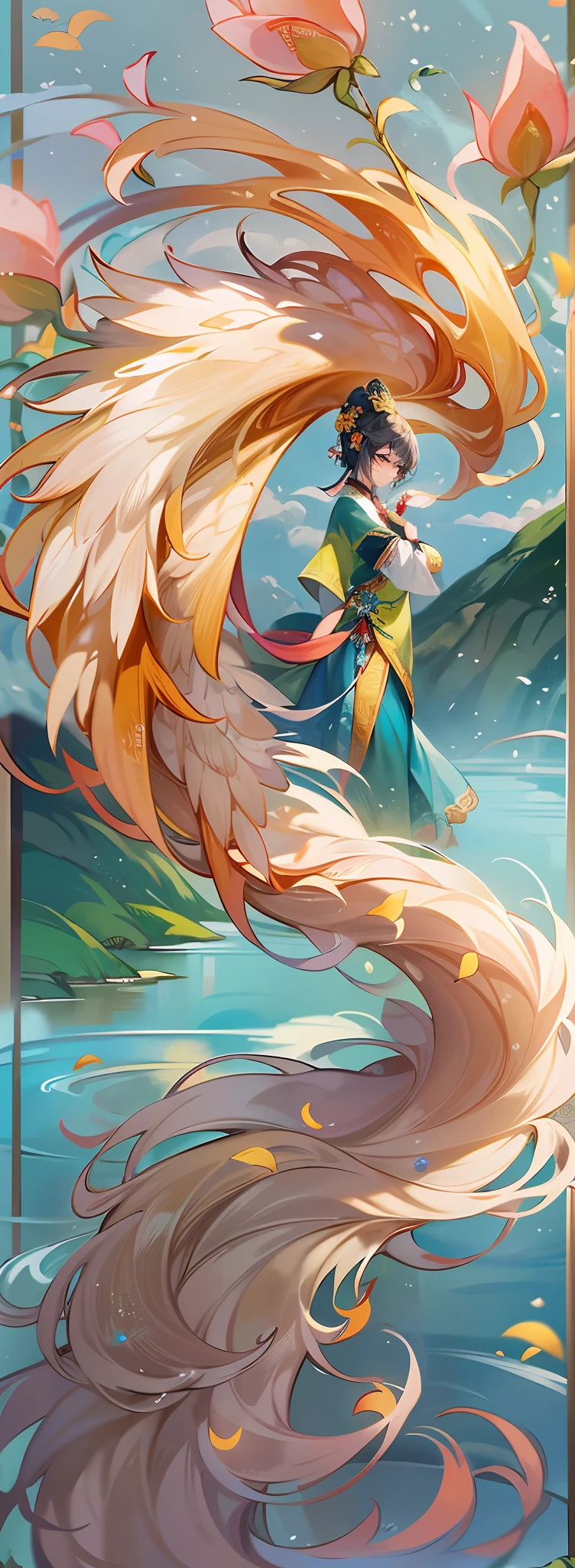 Chinese goddesses stand majestically between the wonderful landscapes and rivers。She wears a gorgeous fairy robe，Layers of clouds adorn her coat。The sun shone with a golden glow above her head，It adds a divine splendor to her figure。Her long hair poured down like a waterfall，Gently brush a smile over her cheek。

She sits quietly on the top of a majestic mountain，The mountain peaks are cascading and undulating，It seems to be integrated with her figure。The mountains stretch into the distance，dense with greenery，The stream is gurgling，Like natural music。The lake beside her is turquoise，Reflecting her soft figure，It feels like a wonderland。

Around her，Birds chirp happily，The flowers bloom with brilliant colors。A gentle breeze blew her，Gently caressing her skin，It gives a peaceful and warm feeling。

This Chinese goddess is so beautiful and mysterious，Her presence is fascinating，Feel like you're there，One with nature。She represents the understanding of nature in ancient Chinese culture、The reverence of beauty and divine power。