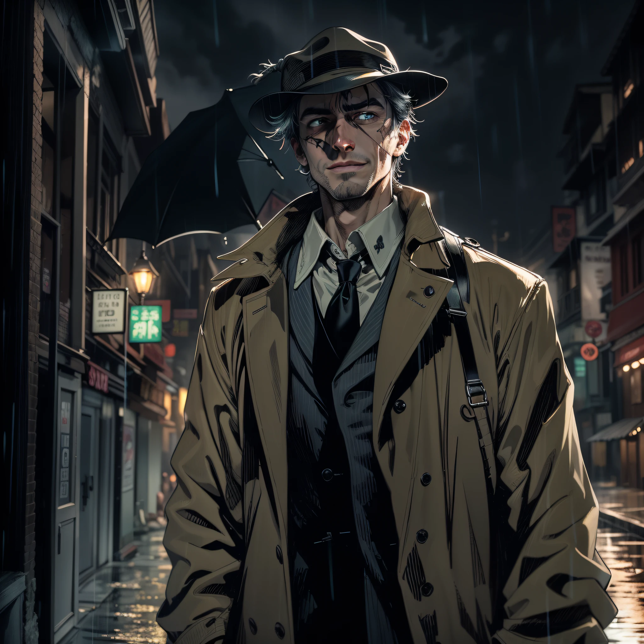 in the darkness nigth, rainy evening, The detective walks down the long street without lights, film-noir, One hand in his pocket, In a trench coat, cigarette in mouth, heavy rain, The scar on the face highlights the figure with a smile eye portrayal hyper-detail anime