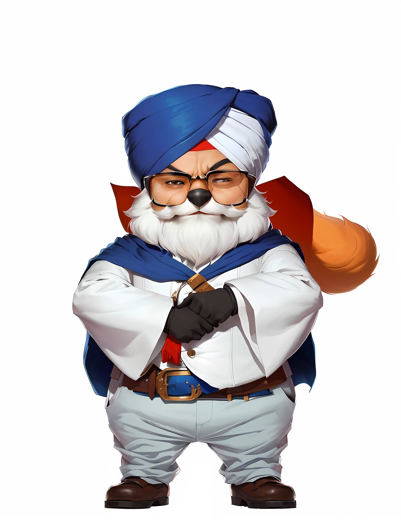 Cartoon of a man dressed in turban and glasses, arte oficial do personagem, official character illustration, Arte Oficial, arte conceitual oficial, Mascot illustration, Mogul Khan, Rabbt_character, an anthropomorphic fox, Retrato de felicidade Harold, personagem peludo, ( ( arte conceitual do personagem ) ), Manmohan Singh turbante azul, foxish guy in a lab coat