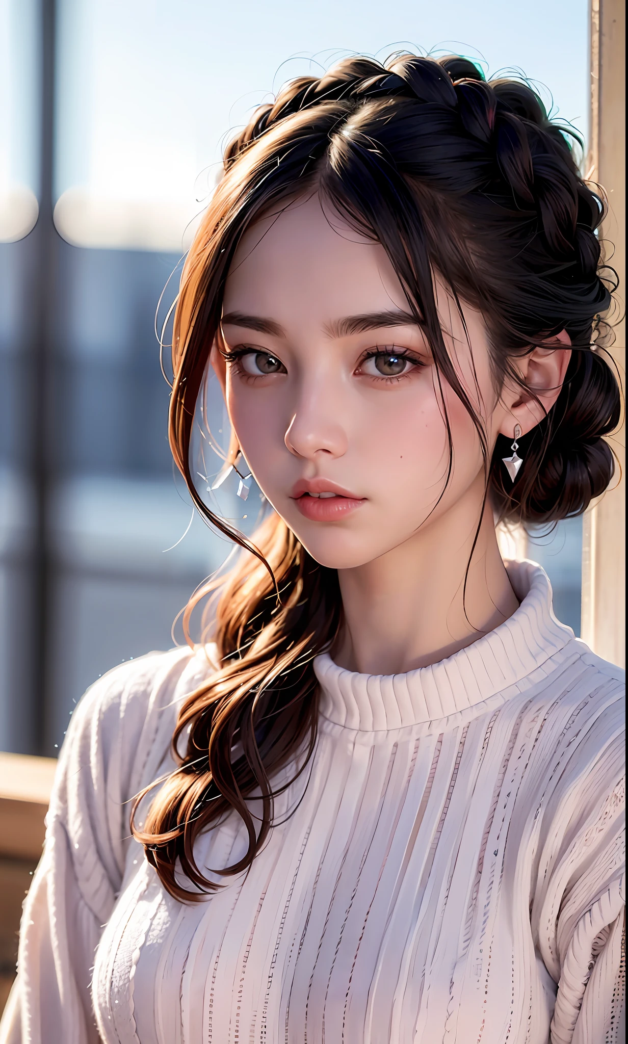 8k, RAW photo, best quality, masterpiece, high detail RAW color photo, professional photograph, (realistic, photorealistic:1.37), (high detailed skin:1.2), high resolution, beautiful detailed eyes, (hard focus:1.4), (sharp focus:1.4),
realistic , (8K UHD:1.2) , photoreaslistic
High quality shadow,
parted_lips, slender face,
(wavy hair), Half-up top knot, Crown braid, Pink eye color, suggestive look,
(extremeface closeup), pov, (((depth of field))), pale and lustrous skin,
Cropped cowl neck sweater,
30yo age,
buruma,
Rooftop,
bokeh, lens flare, (vignette:0.8), dramatic lighting, cinematic lighting, back light, professional lighting, physically-based rendering, ulzzang-6500-v1.1, pureerosface_v1.