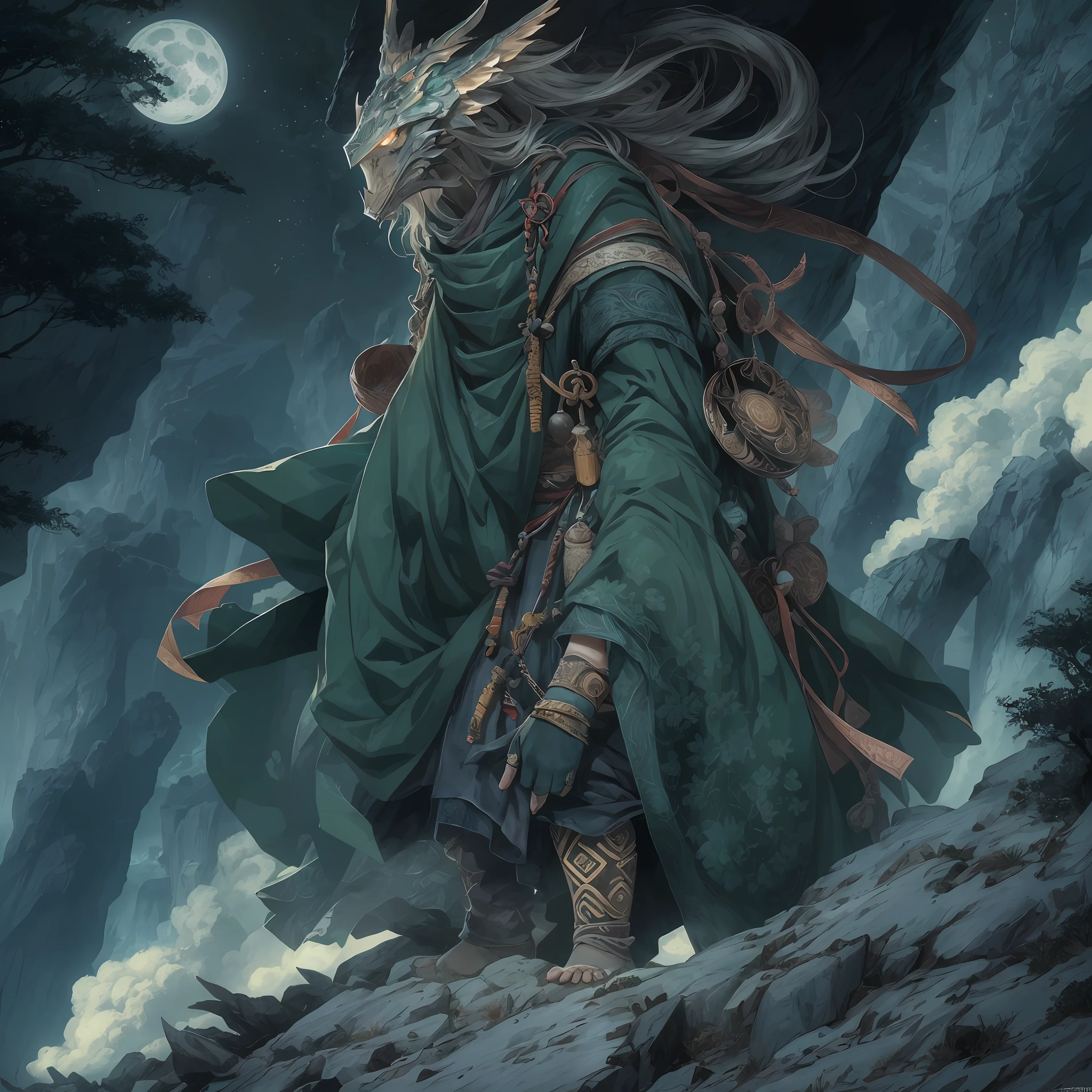 mystic ninja,Detailed face,Detailed eyes,Clear eyes,Gui Zen,Exotic beasts of mountains and seas,Dark green and black details, Loose and thick clothing covers the body,standing on cliff,Bask in the luxury of Yoshitaka Amano in the moonlight,fanciful,sci-fy,the complex background(full bodyesbian),((dynamicposes)),Colorful wallpapers,Highly detailed,Masterpiece,best qualtiy,art stations