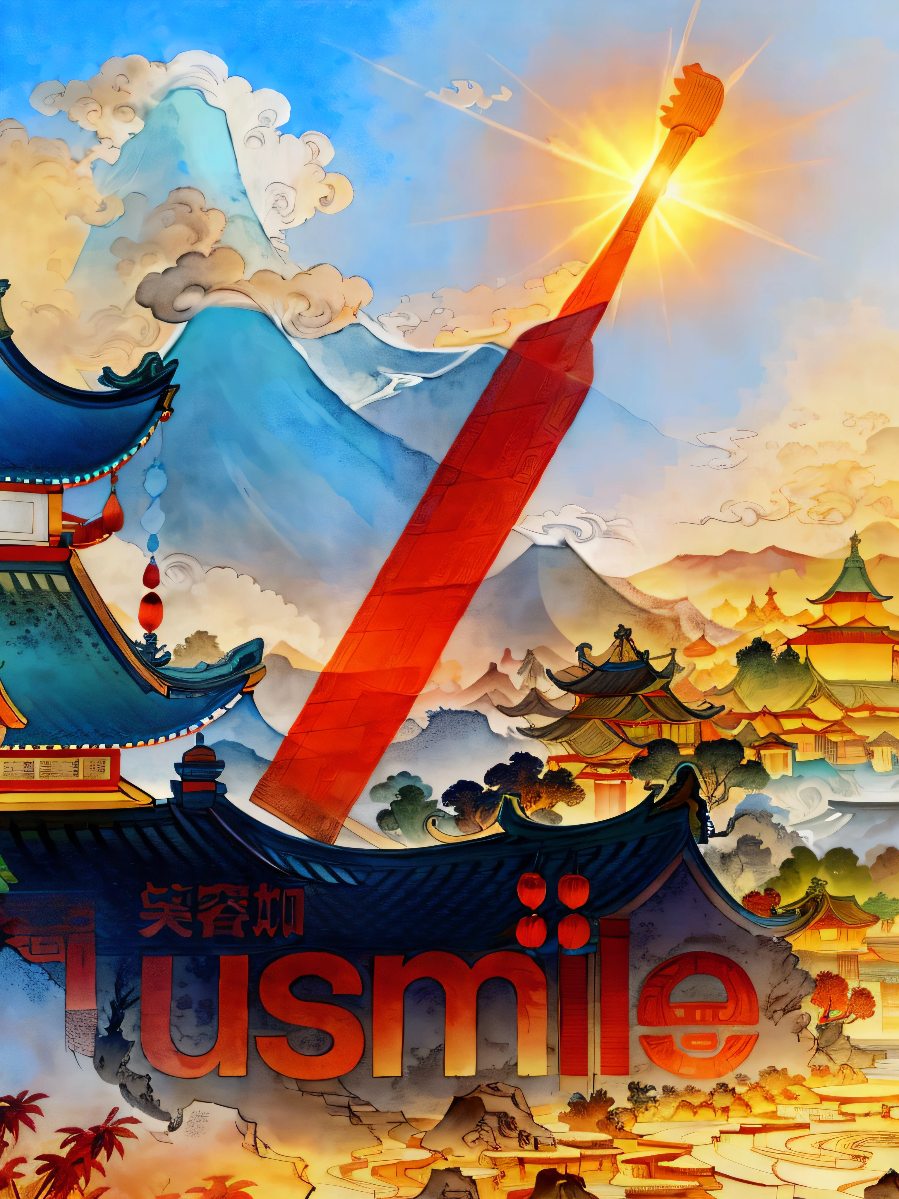 Ancient Chinese landscapes, ancient buildings, pavilions, carved beams and painted buildings, beautiful mountains and rivers, inspired by Jin Yong martial arts, sunlight, ink painting style, clean colors, decisive cutting, blank space, freehand, masterpiece, super detailed, epic composition, high quality , highest quality, pixar style, oversaturated, surreal, artgerm --v 6