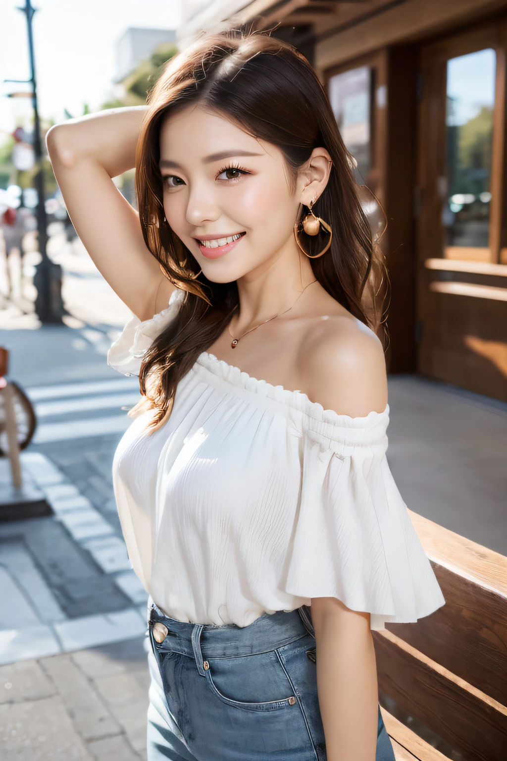 (masterpiece:1.3), high resolution, ultra detailed, extremely detailed CG unity 8k wallpaper, realistic, photo-realistic, RAW photo, beautiful detailed face, pale skin, realistic glistening skin, detailed cloth texture, detailed hair texture, Perfect Style, Beautiful Face, accurate, Anatomically correct, Highly detailed face and skin texture, natural neck length, (thin and beautiful fingers),
BREAK,
Detailed eyes, symmetric eyes, Brown eyes, Double eyelids, Thin eyebrows, (Glossy lips:1.4), (embarrassed smile:1.1)
BREAK,
((Innocent and Cute girl:1.3)), ((wearing a off-shoulder White blouse:1.4)), (beautiful clavicle), (Gold strings belt), (skinny pants:1.2), (cross strap high heels:1.2),
(necklace, bracelet), ((clutch bag over shoulder, large hoop earrings, pinky ring:1.2)), (beautiful blue nails)
BREAK,
Layered Hairstyle, (brown hair:1.2), (wavy hair:1.2), medium long hair,
(large breasts, firm breast, nicely shaped breasts:1.1),
BREAK,
(Sitting on the bench in wide seaside street), ((armpits:1.4)), (looking sideway:1.2)
BREAK,
(Cowboy shot:1.2), (Focus on her profile:1.2), (from side:1.1),