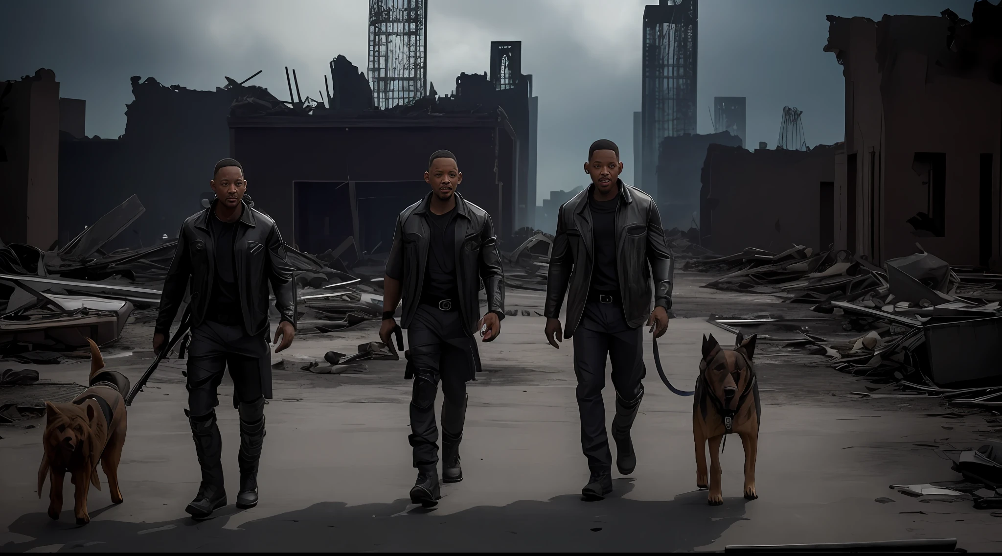 FULL SHOT, (ACTOR WILL SMITH WALKING AT THE EMPTY RUINS OF NEW YORK WITH A WEAPON IN Ripped Dirty CLOTHES WITH A WEAPON:1,4), A SHEPHERD DOG WALKS NEXT TO HIM, DRAMATIC LIGHT, POST-APOCALYPSE ATMOSPHERE, WALKING DE TONED PHOTO HELL, SUPER RESOLUTION, SUPER FINE FOCUS, BEST QUALITY, HDR STYLE STEVE MCCURREY