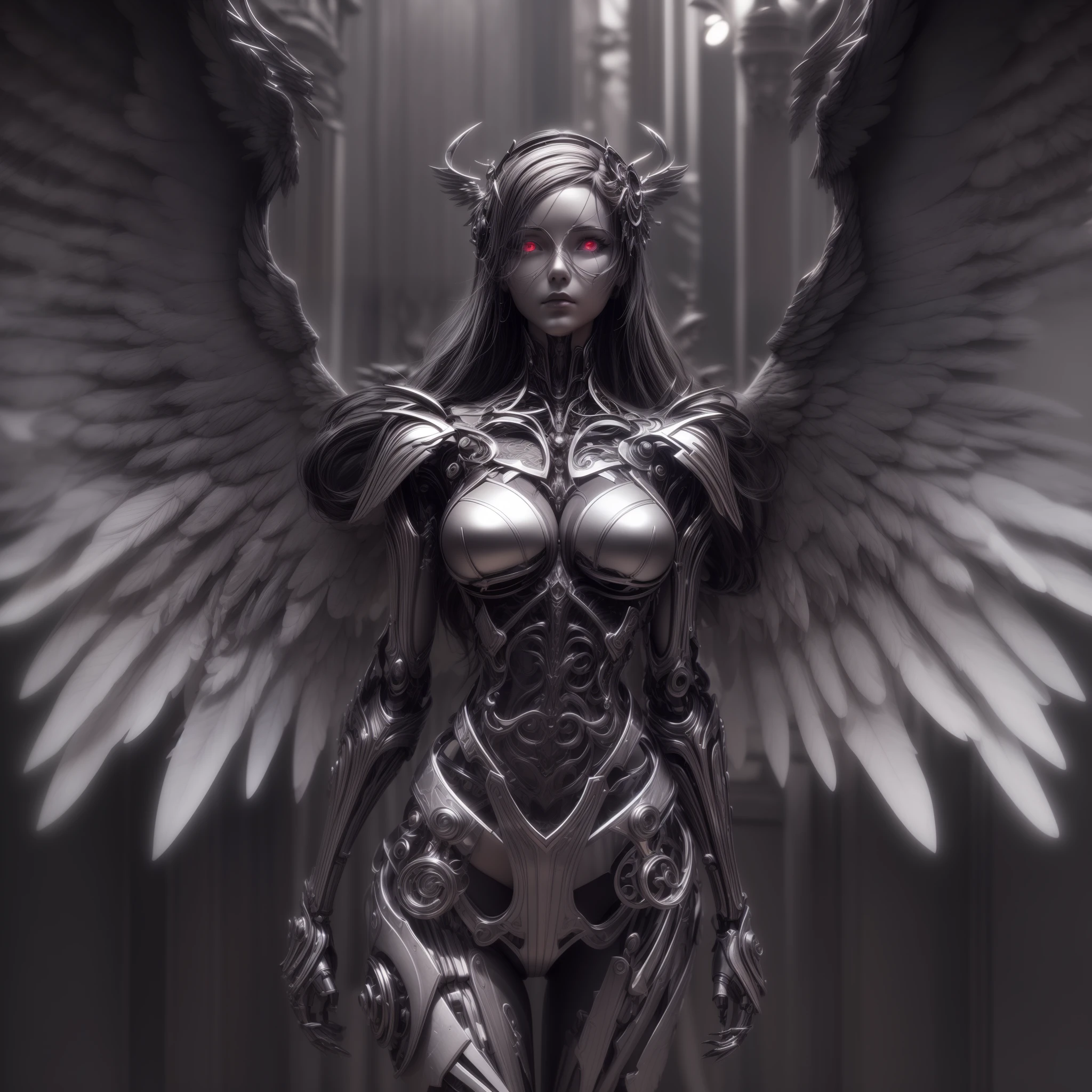 Mechanical style，Black Themes,(1 mechanical female angel,Anatomically correct,full bodyesbian, ,Black and silver wings,standing,circular base),Black and white background, (a 3D render,Best quality, high detal, Masterpiece, offcial art, Cinematic lighting, 4K, Chiaroscuro)