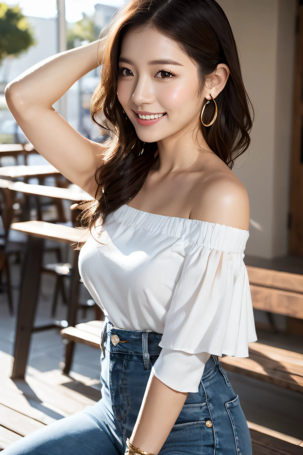 (masterpiece:1.3), high resolution, ultra detailed, extremely detailed CG unity 8k wallpaper, realistic, photo-realistic, RAW photo, beautiful detailed face, pale skin, realistic glistening skin, detailed cloth texture, detailed hair texture, Perfect Style, Beautiful Face, accurate, Anatomically correct, Highly detailed face and skin texture, natural neck length, (thin and beautiful fingers),
BREAK,
Detailed eyes, symmetric eyes, Brown eyes, Double eyelids, Thin eyebrows, (Glossy lips:1.4), (embarrassed smile:1.1)
BREAK,
((Innocent and Cute girl:1.3)), ((wearing a off-shoulder White blouse:1.4)), (beautiful clavicle), (Gold strings belt), (denim pants:1.2), (cross strap high heels:1.2),
(necklace, bracelet), ((clutch bag over shoulder, large hoop earrings, pinky ring:1.2)), (beautiful blue nails)
BREAK,
Layered Hairstyle, (brown hair:1.2), (wavy hair:1.2), medium long hair,
(large breasts, firm breast, nicely shaped breasts:1.1),
BREAK,
(Sitting on the bench in wide seaside street), ((Sexy pose with Showing armpits:1.4)), (looking sideway:1.2)
BREAK,
(Cowboy shot:1.2), (Focus on her profile:1.2), (from side:1.1),