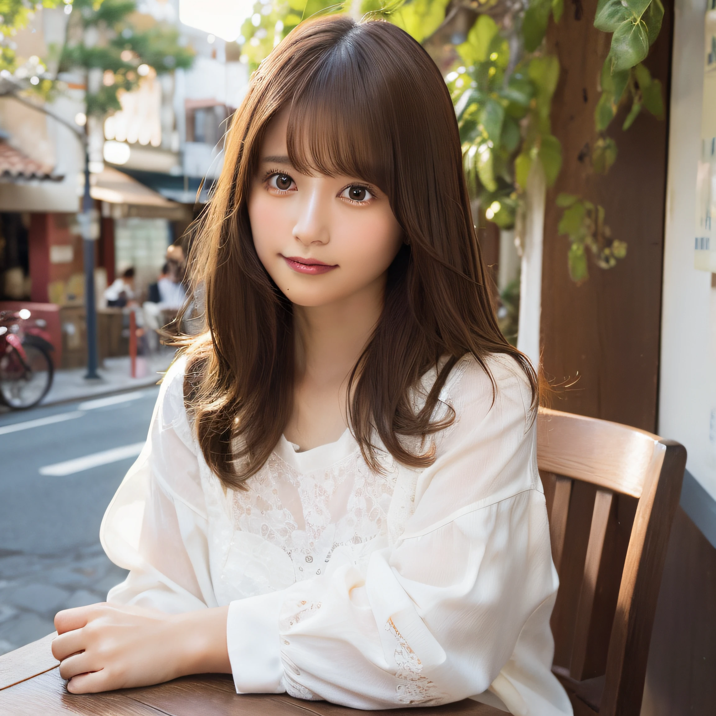 in 8K　UHD、Digital SLR、film grains、FujifilmXT3、(top-quality:1.3)、(​masterpiece:1.3)、hight resolution、Cinematic Light、intricate detailes、(Photorealsitic)、Outside、Beautiful outside、Sunny、japanaese girl、(cafes:1.5)、Look at viewers、detailed trees、 sitting on、in a house、 (Shy smile)、A slender、 (Beautiful brown eyes), Smooth skin, (Brown medium hair,Lots of bangs:1.1), (touch hair:1.4),nogizaka,Fashionable white clothes、Beautiful fingers