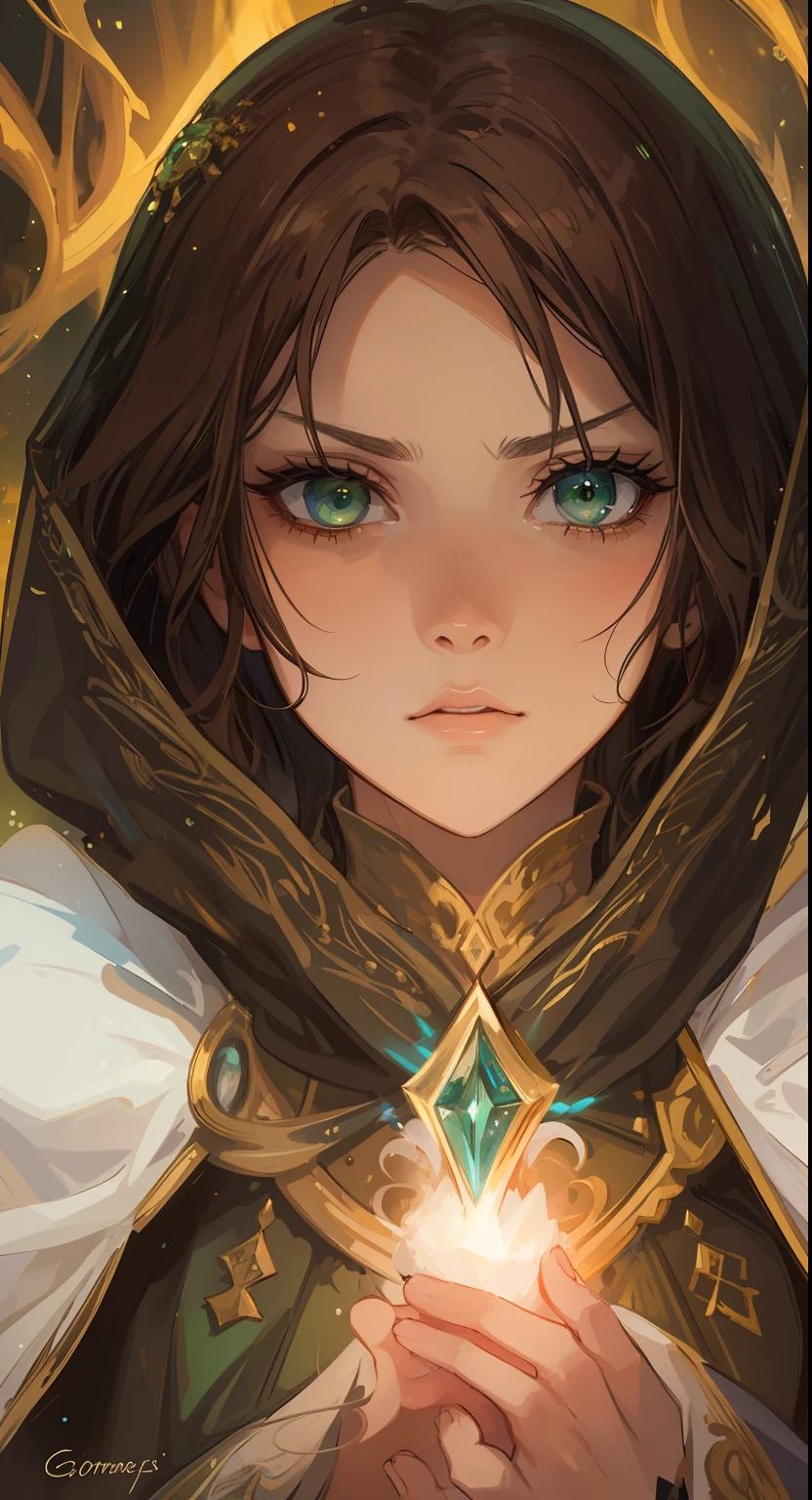 A beautiful woman with green eyes and brown hair she is a sorceress wearing noble white and gold robes A princess of magic and a sad look of dramatic concern Expressive Green Lights and Elemental Magic Elements of Nature Grandeur A background full of magic An art for an RPG A medieval art for RPG