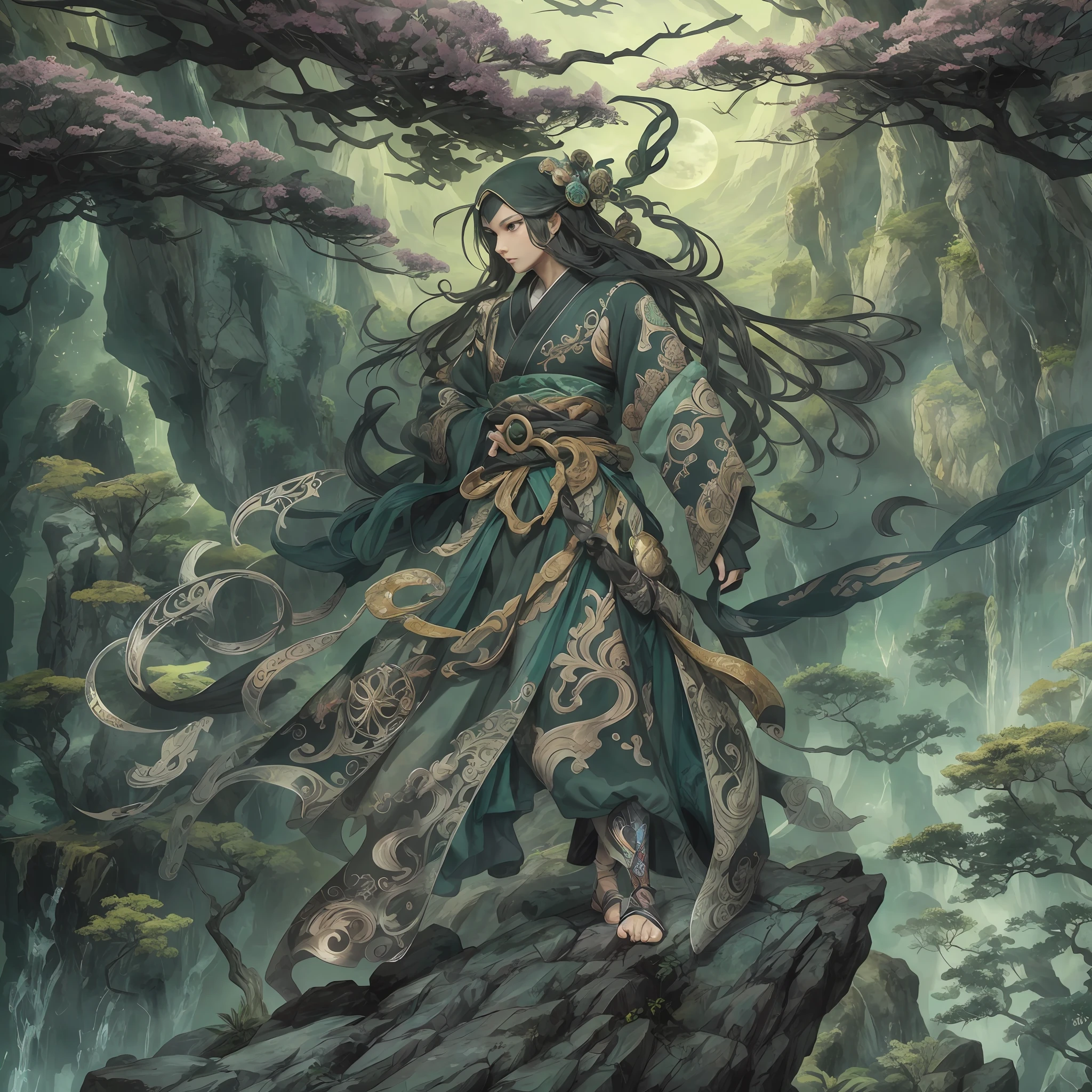 mystic ninja，Detailed face，Detailed eyes，Clear eyes，Gui Zen，Exotic beasts of mountains and seas，Dark green and black details, Loose and thick clothing covers the body，standing on cliff，Bask in the luxury of Yoshitaka Amano in the moonlight，fanciful，sci-fy，the complex background（full bodyesbian），((dynamicposes))，Colorful wallpapers，Highly detailed，Masterpiece，best qualtiy，art  stations