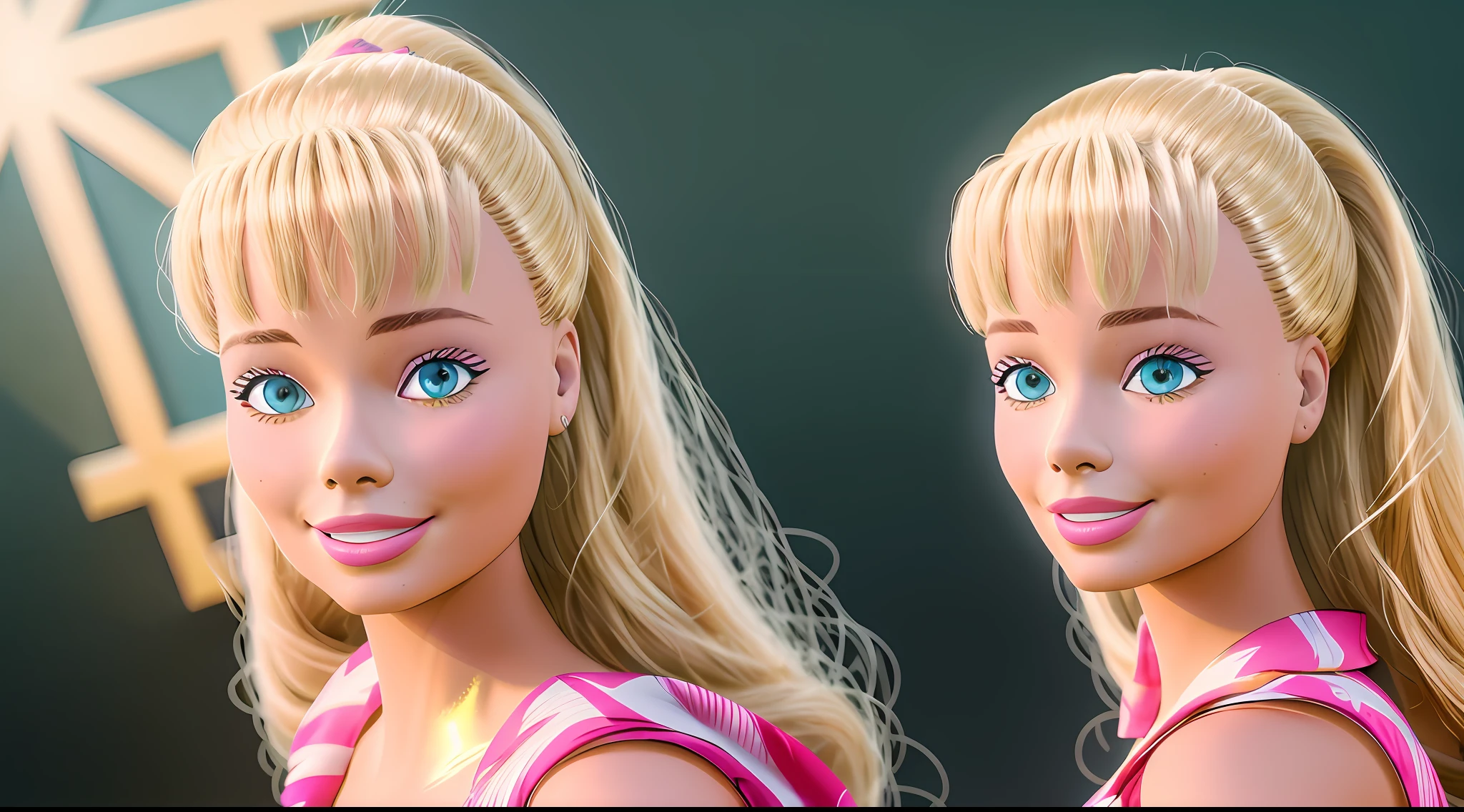 (masterpiece, best quality), highres, (8k, RAW photo, highest quality), (Margot Robbie como Barbie), (Margot Robbie face:1.2), Margot Robbie, (blonde hair) , ultra-realistic, 3d, centered, (TS_Barbie), mid shot, (full body:1.2), a cartoon girl in PINK dress in the style of pixar, (perfect lighting and composition:1),soft lighting, (high detail, 8K resolution:1), hdr:0.7, detailed face, perfect, (dynamic), pose, (high quality:1.2), plastic skin, ((shiny:1.3)), smile, (depth of field:0.8), 50mm, film grain:0.7, fujifilmXT3, focus face, (sad:1.2), looking at viewer, detailed eyes, detailed face, floating particles, beautiful, light makeup, lipstick, (thick waist and thighs:0.6), amazing composition