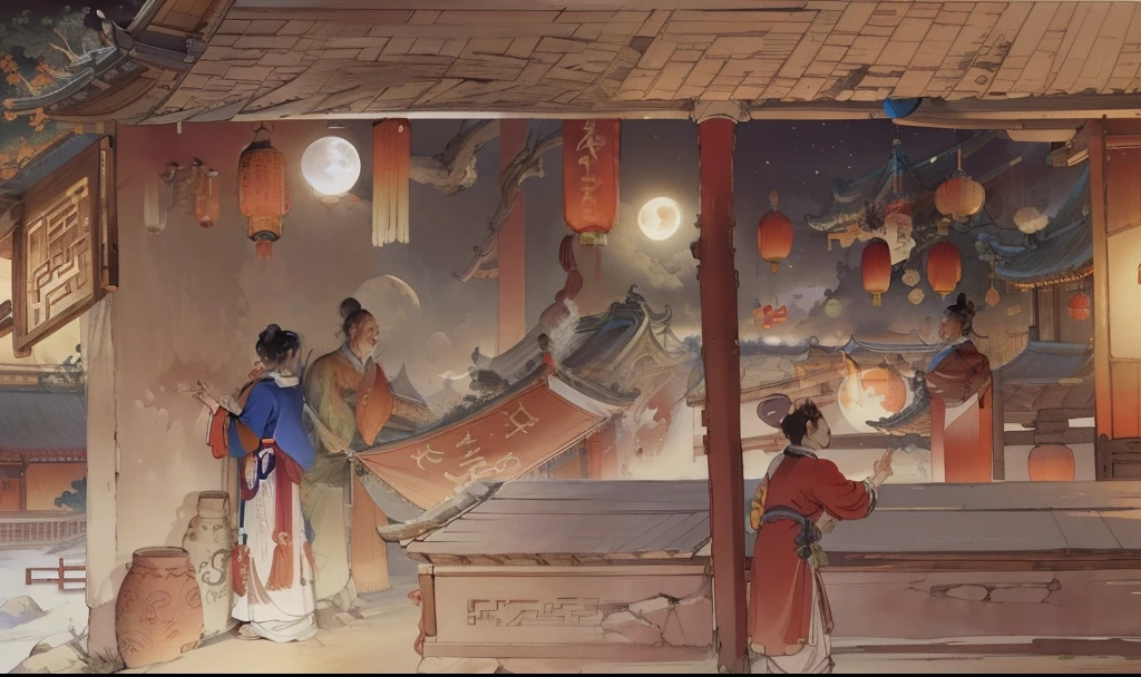 Ancient Chinese landscapes,Ancient buildings,Pavilions,Carved beams and paintings,enchanting scenery,Night,Moon light,Layered, Rich light and shadow,Mid-Autumn Festival, Ink painting style,clean color,Low-saturation colors,Colors of low brightness,Decisive cut,Leave white space,impressionistic,tmasterpiece,ultra - detailed,Epic composition, HighestQuali,hyper realisitc,Art germ --v 6