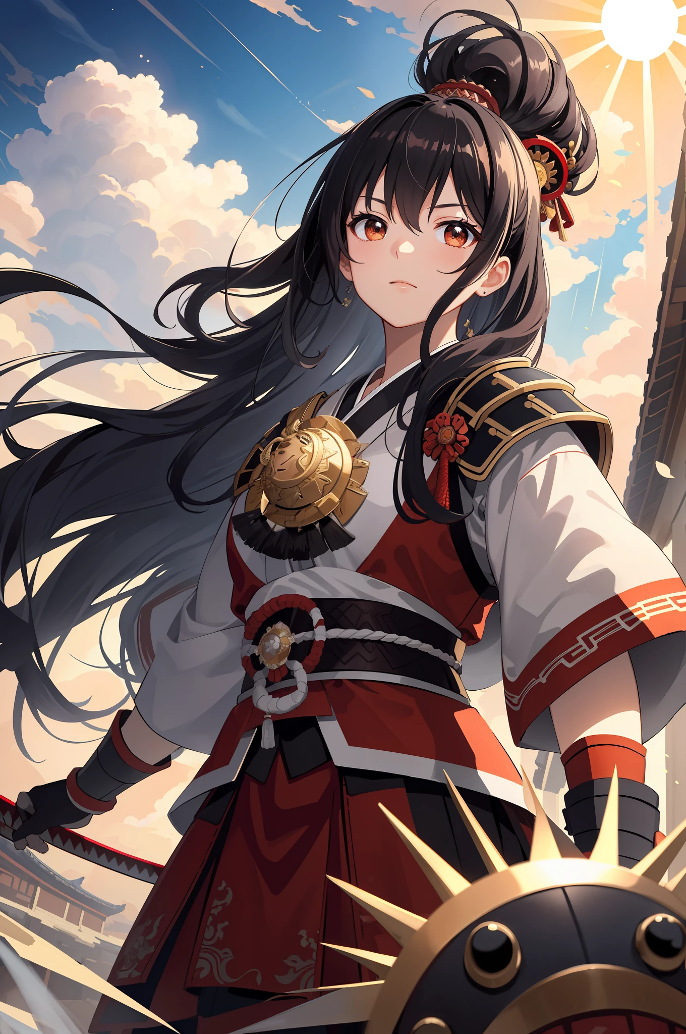 (masterpiece, best quality), best resolution, woman, black hair, brown eyes, red and white samurai armor, descending from the heavens, sun, wide shot, dynamic angle from below
