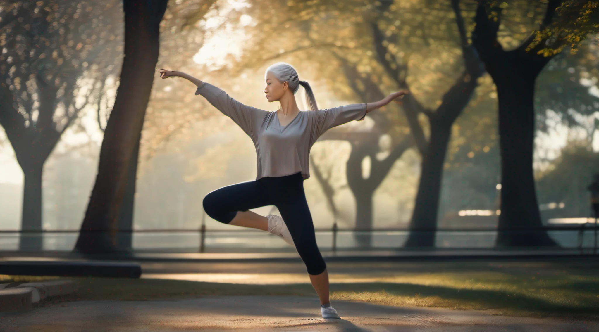 beautiful young girls are playing Tai Chi, in the park, silver hair, split ponytail, best photo shot, realistic, full body, Conceptual art, from below, UHD, textured skin, masterpiece, anatomically correct, best quality, 8k