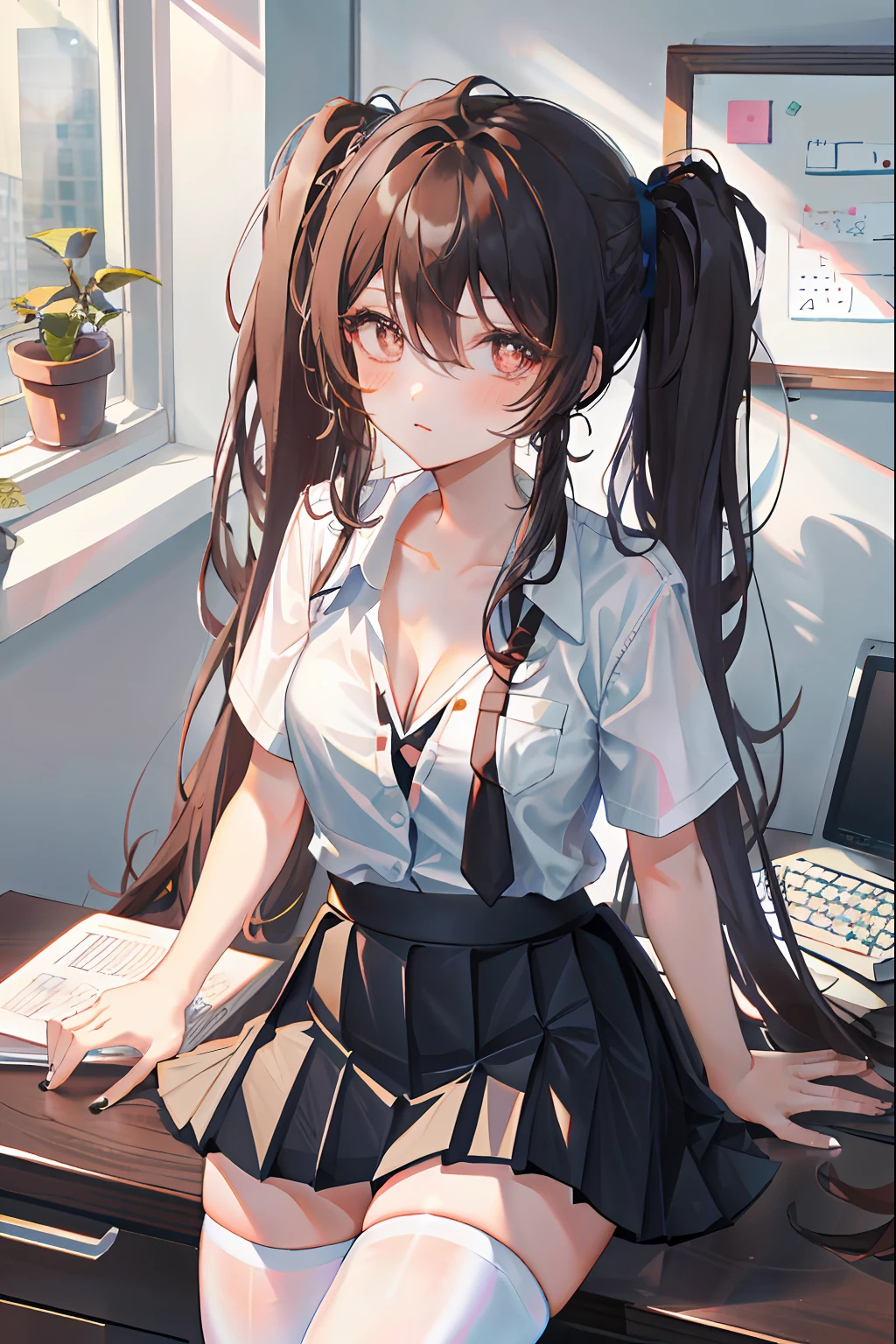 Hu Tao, 1girl, solo, ((white shirt)), black thighhighs, breasts, cleavage, uniform, office background, black skirt, pleated skirt, office, hair between eyes, brown eyes, flower pupils, medium breasts, long hair, looking at viewer, Black hair, brown short nails, solo, thighhighs, thighs, very long hair, ((masterpiece)), sitting, chair, desk, computer on desk, name tag, id tag, indoor, blush, sexy pose, ((long twintail)), short sleeve,