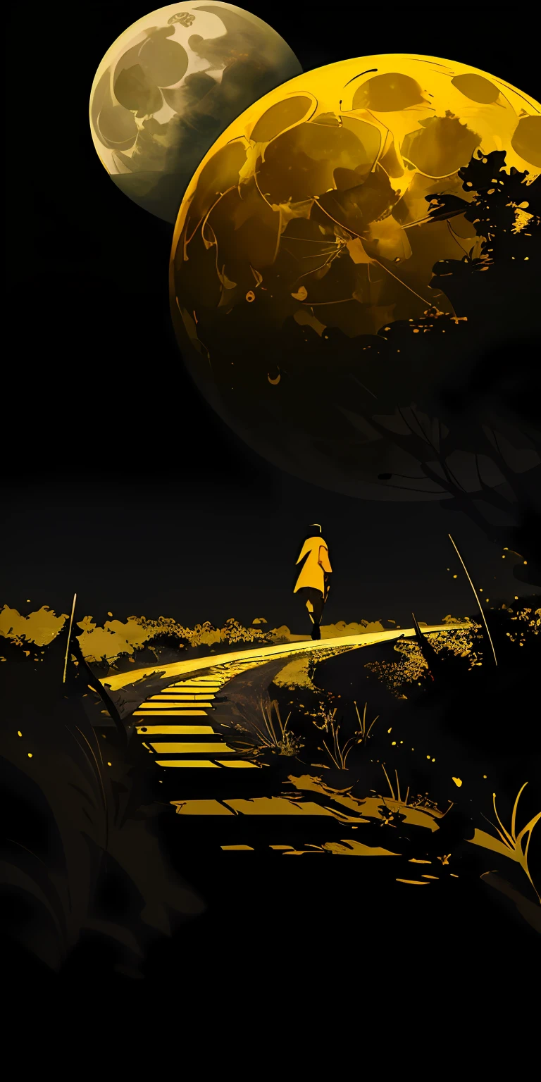 Yellow wallpaper, black road with a bush around it, there is a black man walking on this road and looking from a distance, yellow and black and dark space, game wallpaper, game background, yellow big moon, night