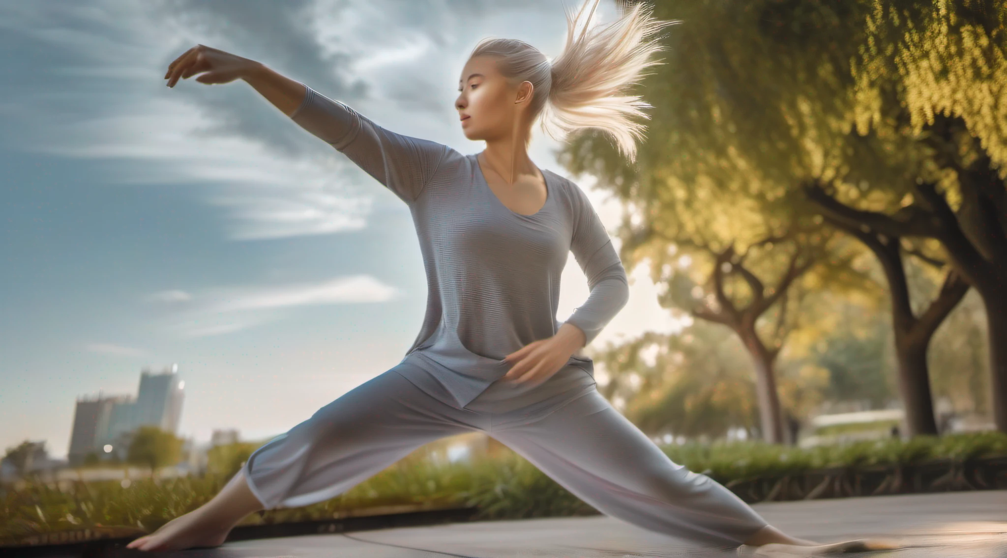 beautiful young girls are playing Tai Chi, in the park, silver hair, split ponytail, best photo shot, realistic, full body, Conceptual art, from below, UHD, textured skin, masterpiece, anatomically correct, best quality, 8k