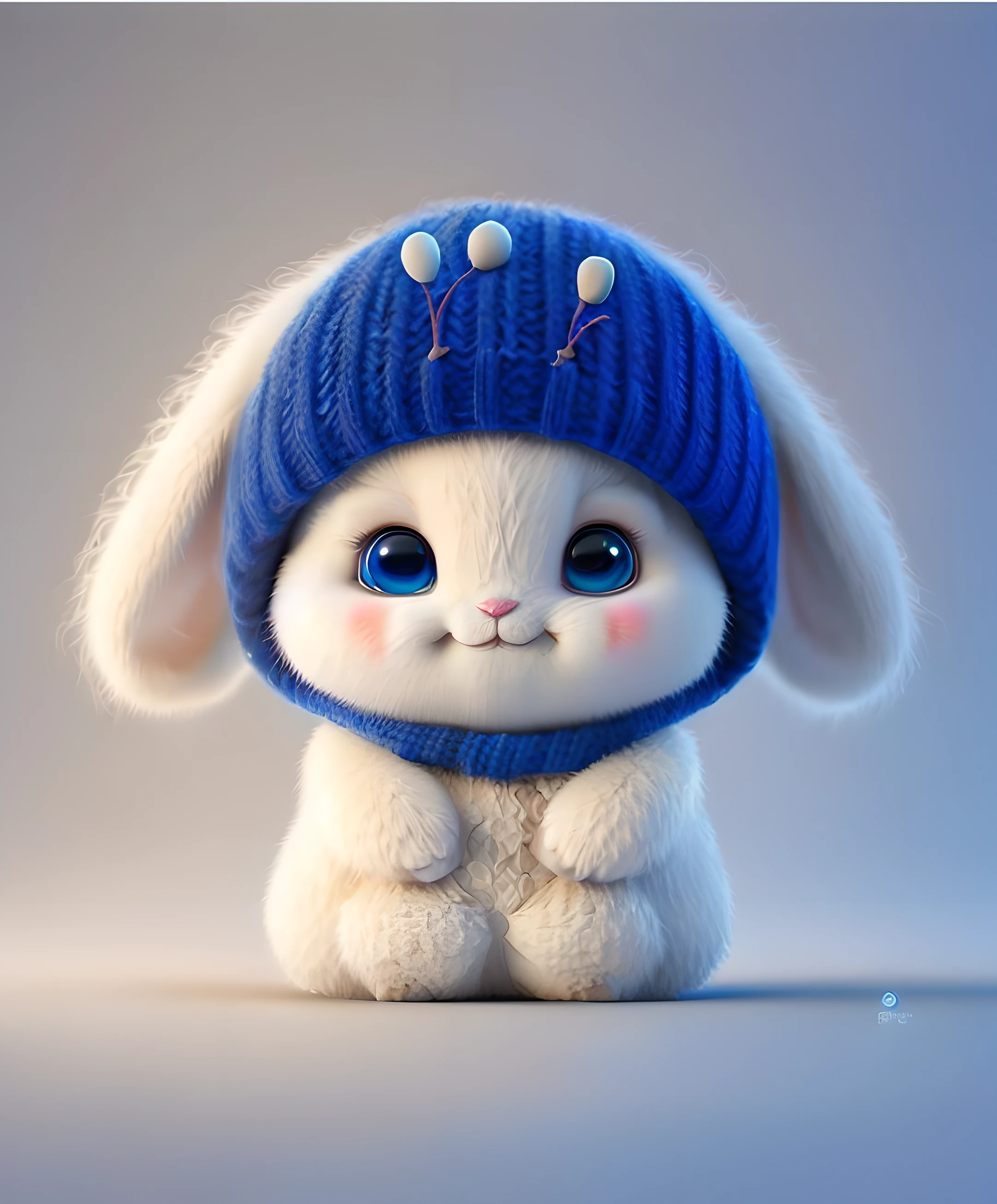 There is a white rabbit wearing a blue hat and a blue scarf, lovely digital painting, adorable digital art, cute 3 d render, Cute detailed digital art, Cute cartoon character, cute anthropomorphic bunny, Cute! C4D, cute character, cute artwork, Beautiful digital artwork, cute portrait, cute animal, adorable creature, Cartoon Cute, Kawaii realistic portrait