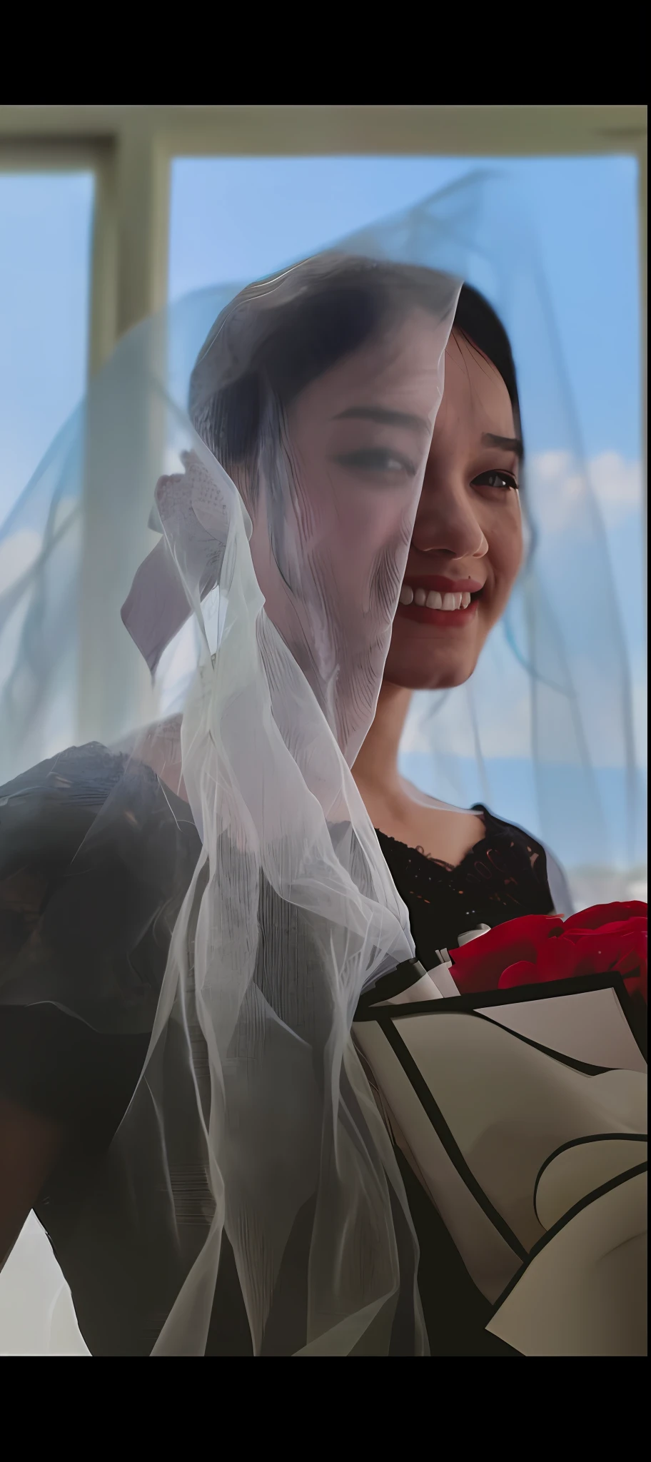 There was a woman holding a bouquet and a veil, light yarn, wearing translucent veils, Wearing a veil, close - up portrait shot, wedding photography, Bride, detailed portrait shot, portrait shooting, close up portrait shot, Full close-up portrait, funeral veil, closeup portrait, close up portrait shot, closeup portrait, Photo taken with Nikon D 7 5 0