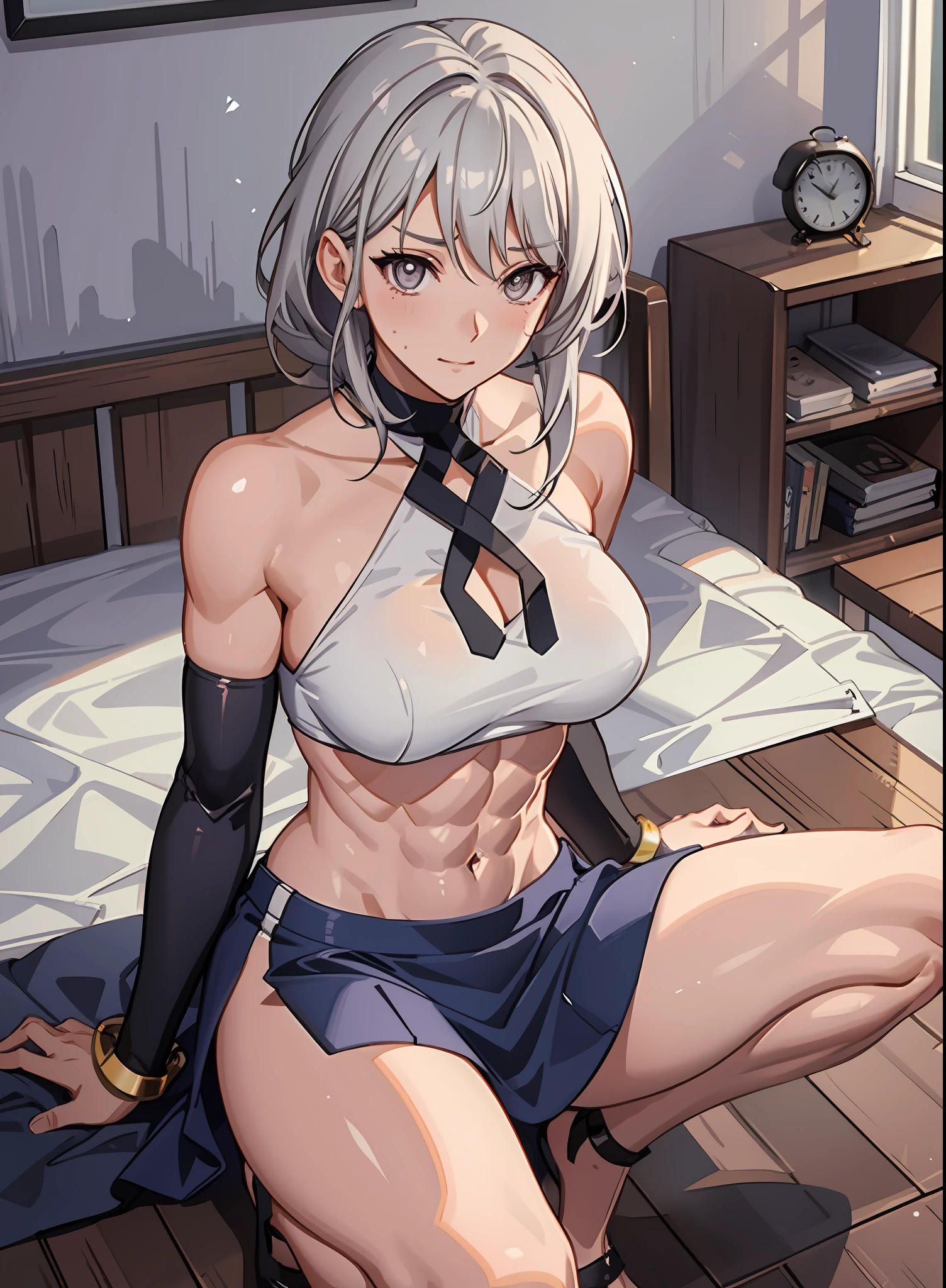 ((((masutepiece、top-quality、Long body、large full breasts、snow-white skin color、perspiring、fullnude、fullnude、fullnude、M-shaped legs、opens legs、Squatting posture、ssmile、Shorthair 3.0、Silvery hair、lyin in bed、Split abs、Seductive look、Wearing sweat、A look of shame))))、Silvery hair、(((White eyes、Gray eyes)))、(((((Beautiful abs、long legged))))),((((de pele branca)))),(()),Whole human body、(((Shyness)))、Realistic skin type、an anime girl、Detailed Digital Anime Art、A seductive anime girl、extremely detailed art germ、a hyperrealistic schoolgirl、Ilyakukvshinov、Smooth Anime CG Art、Ultra Realistic Woman、ig model、ArtGerm、Photorealistic anime girl rendering、digital anime art