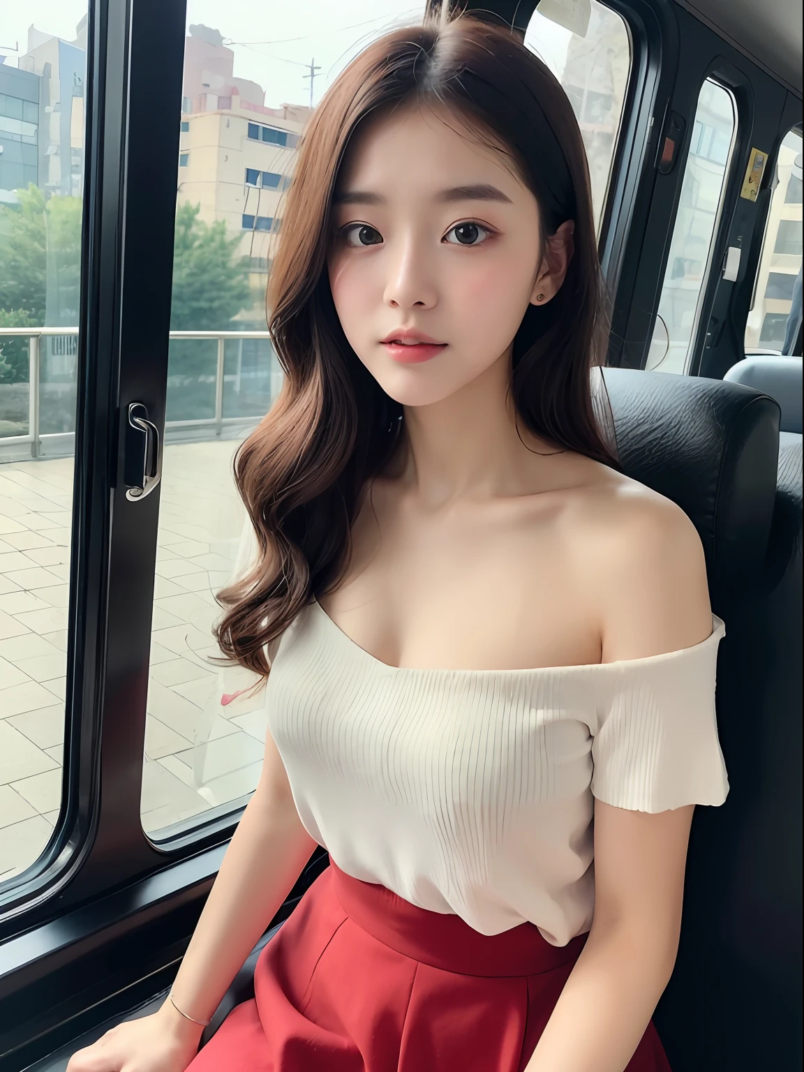 (top-quality、8K、32K、masterpiece、nffsw:1.2)、Photo of a cute Japanese woman、Very detailed 8k wallpaper、top-quality、ultra-detailliert、masterpiece、realisitic、Photo Real、extremely detailed cute girl、20yr old、(skirt rift)、((skirt lift by yourself))、Black panties、panties focus、red blush、cparted lips、looking at the viewers、wearing a shirts、Dull front、On the train、a baby face、no-bra、Bright lighting、White underwear、