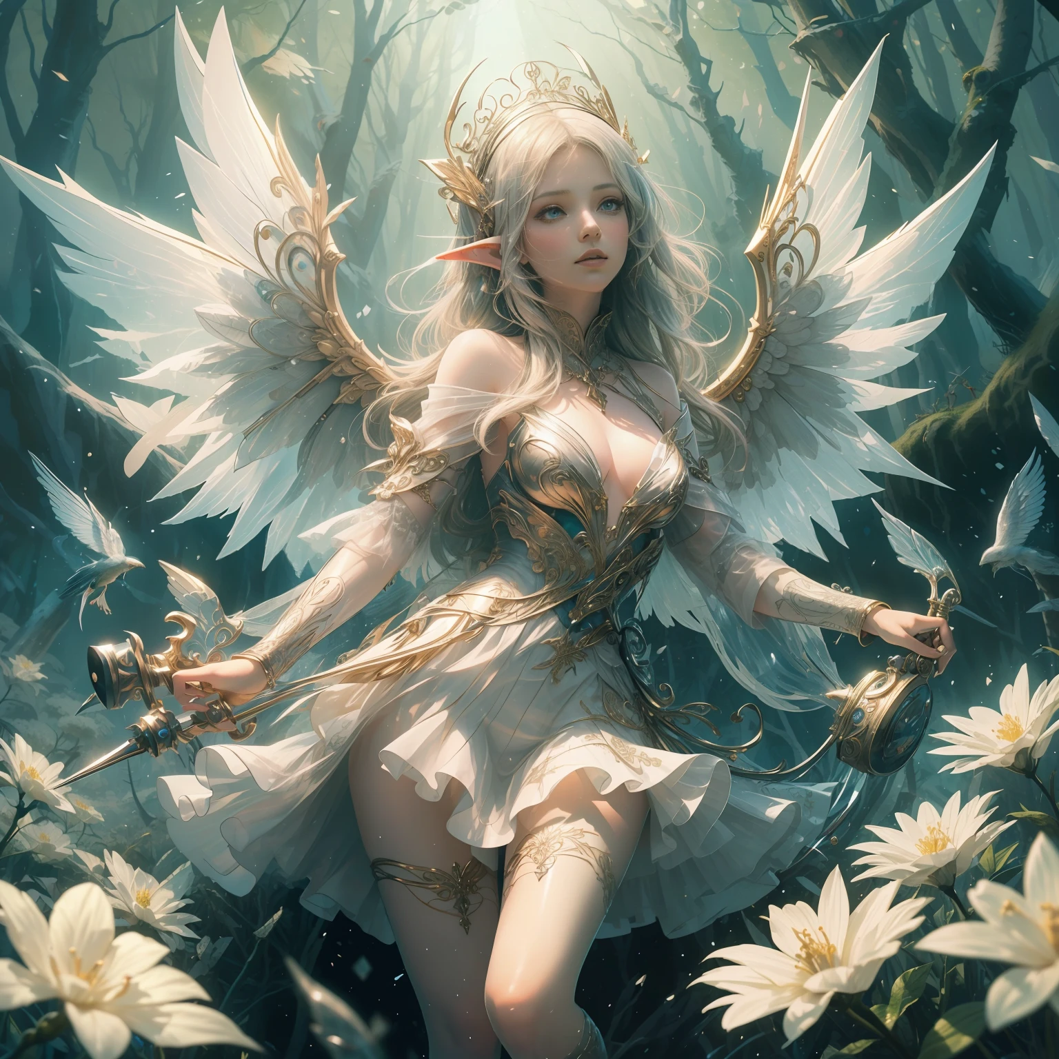 (Exquisite art style: 1.2 + bright colors: 1.2), (HD (8K) wallpaper + ultra-high precision: 1.2), When you think of "elf wings", you will imagine a flowing, elegant elf girl, flying in the air, surrounding the woods and wilderness. Her wings can be white, gold, or silver-gray, shining. She can wear dresses, short skirts or blue silk. Surrounded by trees, flowers and small animals, it is full of nature and magic. The theme "Wings of Elves" is good at depicting brightly colored and detailed dreamy pictures, which lead people's imaginations infinitely to the world of freedom and fantasy.