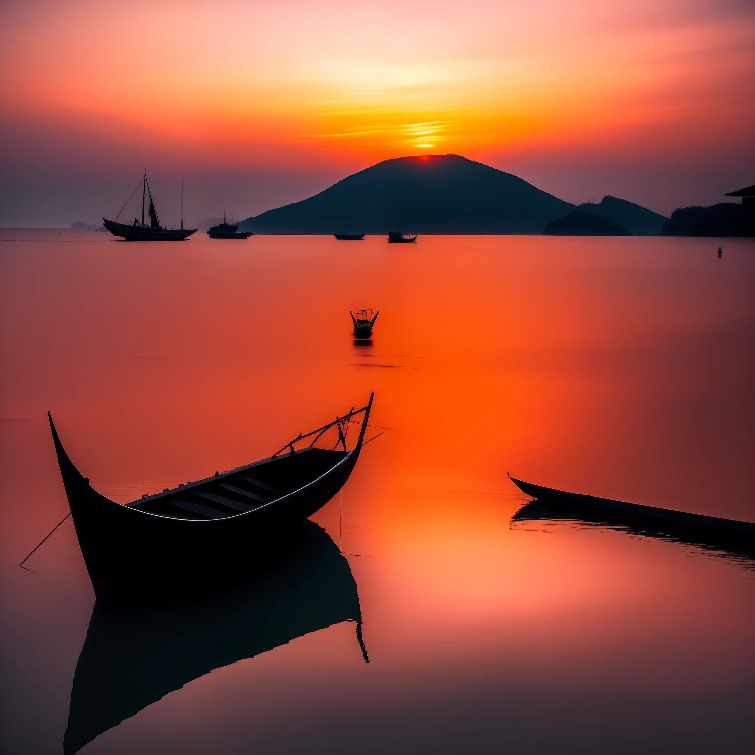 there is a boat that is sitting on the water at sunset, by Erik Pevernagie, by Abidin Dino, by Ibrahim Kodra, in the early morning, at sunrise, calm evening, stunning photoshot, beautiful dusk, early morning mood, by Nabil Kanso, wooden boat, beautiful photography, by Basuki Abdullah, early morning, beautiful morning