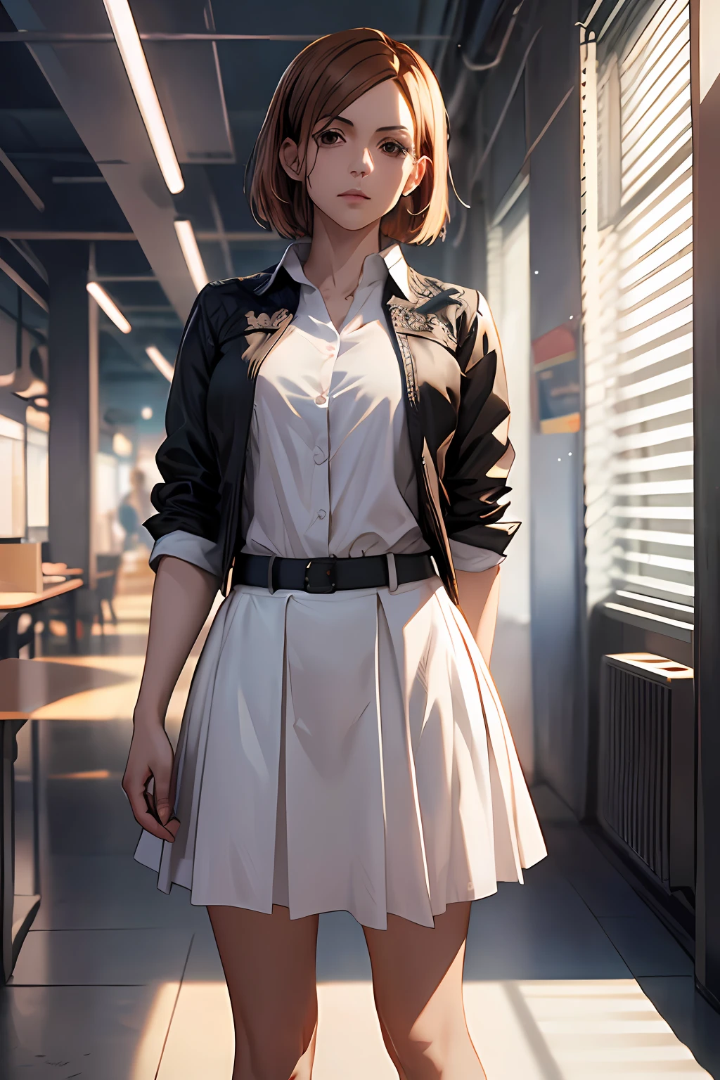 1girl, cowboy shot, beautiful NobaraJK, white shirt, unbuttoned, black skirt, office, volumetric lighting, best quality, masterpiece, intricate details, tonemapping, sharp focus, hyper detailed, trending on Artstation,full body