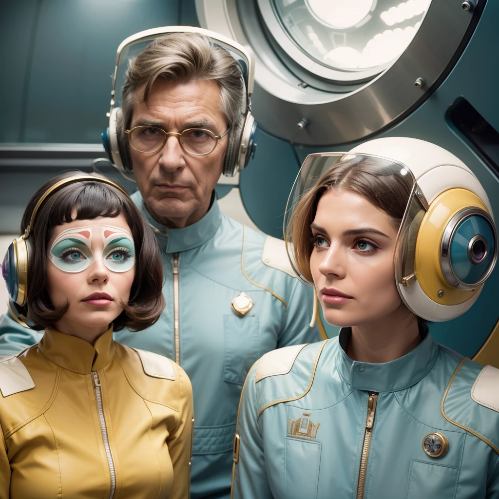 4k image from a 1960s science fiction film by Wes Anderson, Filme O Grande Hotel Budapeste, pastels colors, A man and a woman wearing retrofuturistic alien masks and holding colorful suitcases and chests on the bus, Retro-futuristic fashion clothes from the 60s with old robots, Luz Natural, Psicodelia, futurista estranho, retro-futurista, photo-realistic, Sharp background details.